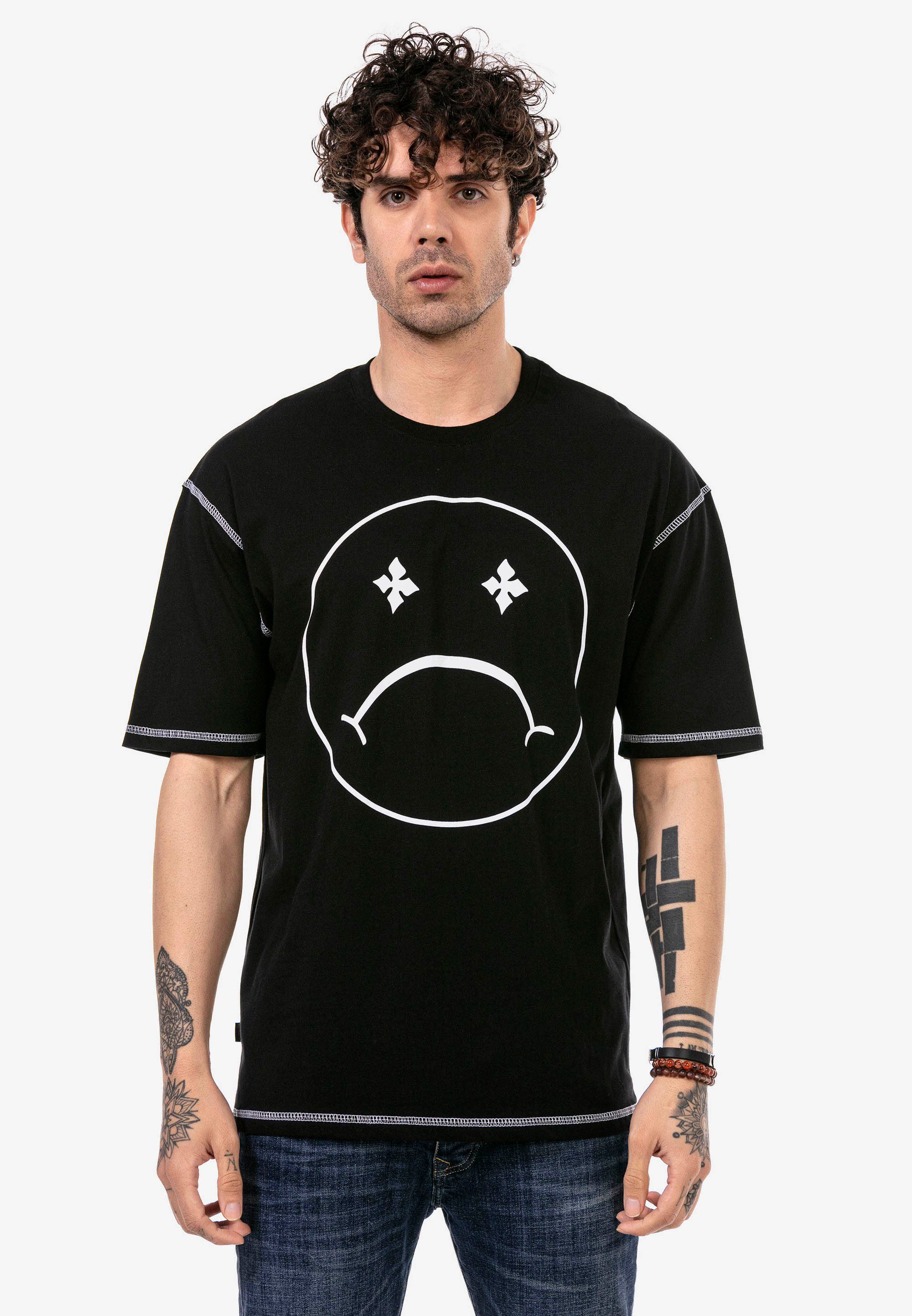 RedBridge T-Shirt Aberdeen mit modischem Sad Smiley-Frontprint schwarz