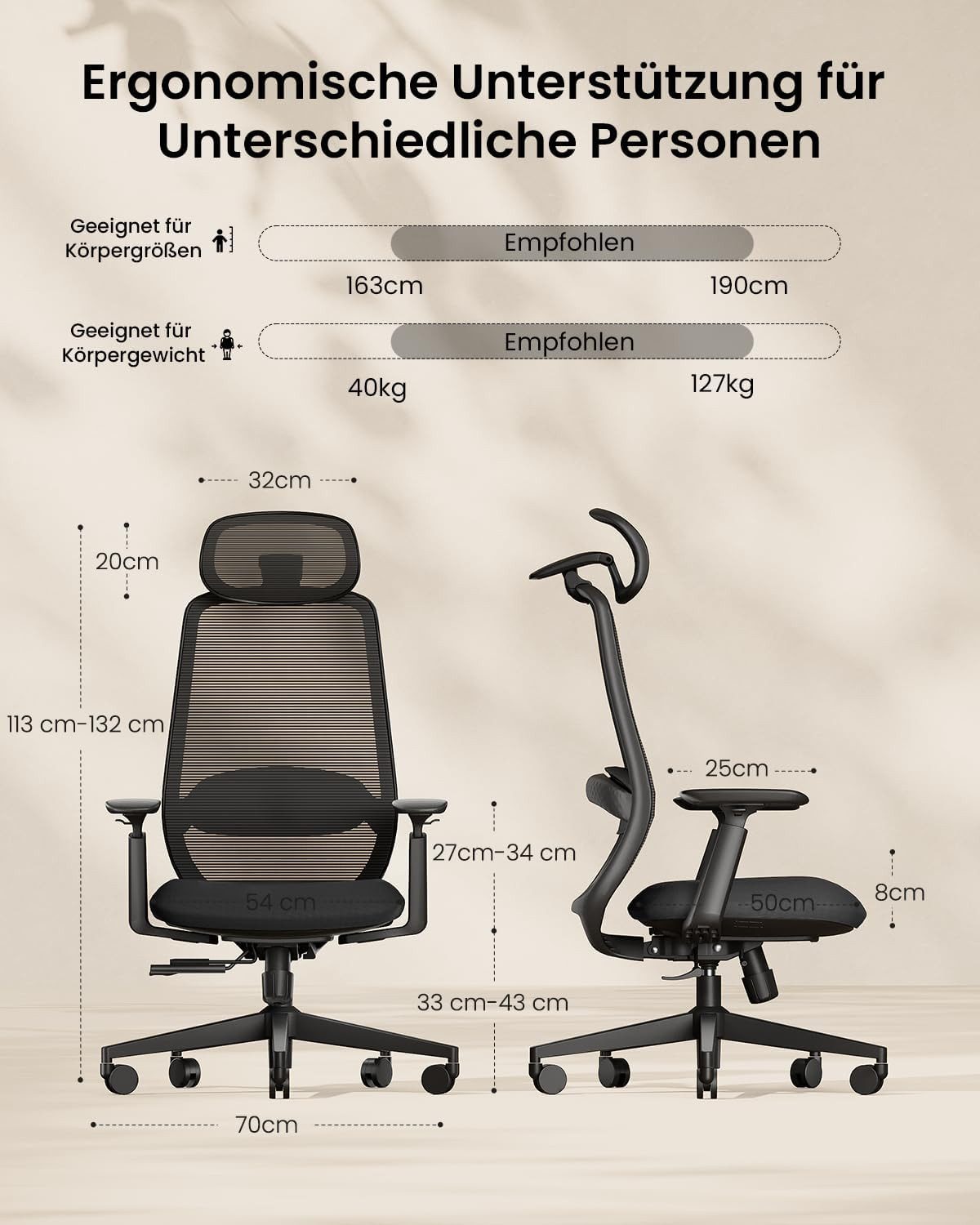 ProtoArc Bürostuhl EC200 Bürostuhl Ergonomisch für das Innenministerium Schwarz (Spar-Set), mit Höhen und Tiefenverstellbarer Lendenwirbelstütze