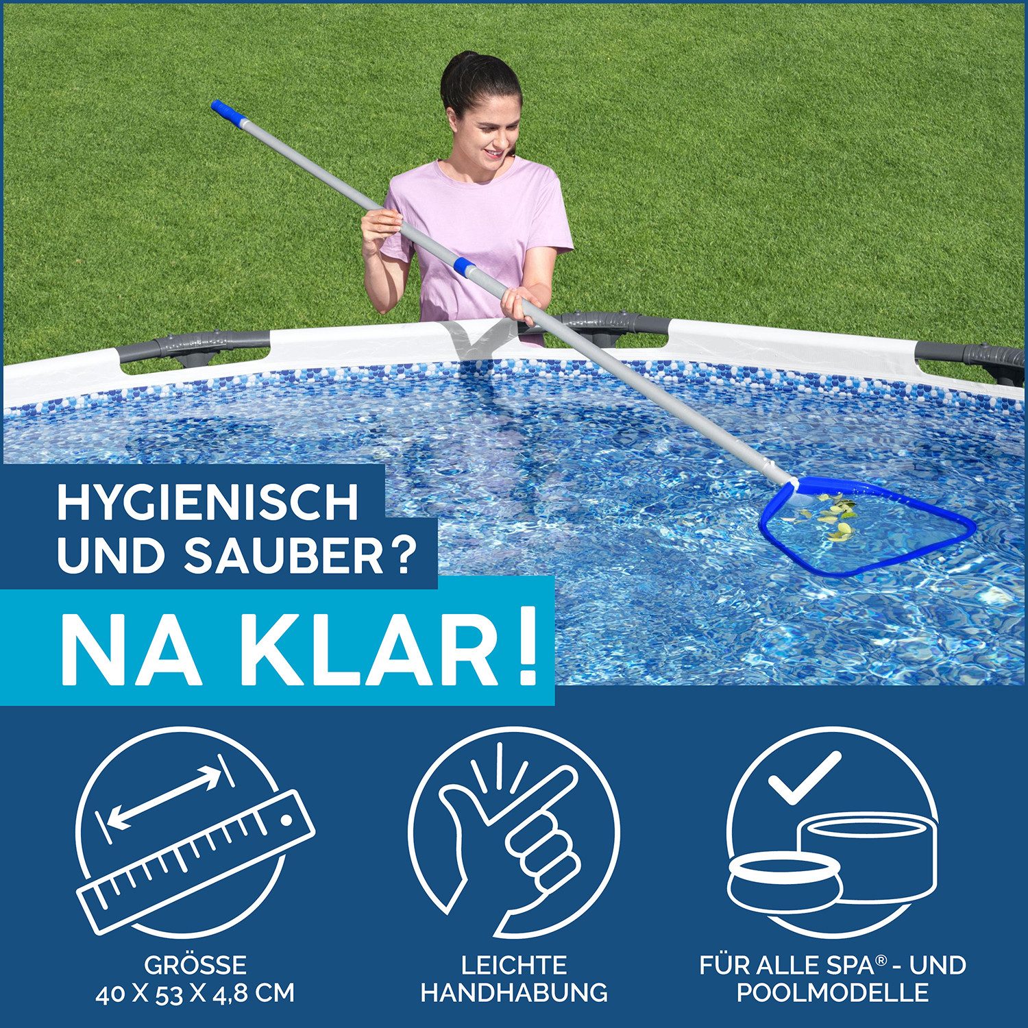 Bestway Kescher Flowclear™AquaScoop™ Deluxe (Packung, 1-St., Passend zu 30 mm Stielen (Innendurchmesser), 40 x 53 x 4,8 cm