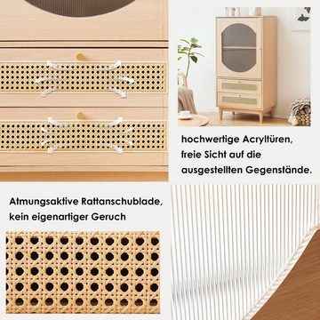 OKWISH Sideboard Kommode Rattan-Design (1 Tür aus klarem Acryl 2 Schubladen aus Rattan), Hochschrank, Esszimmerschrank, Kommode