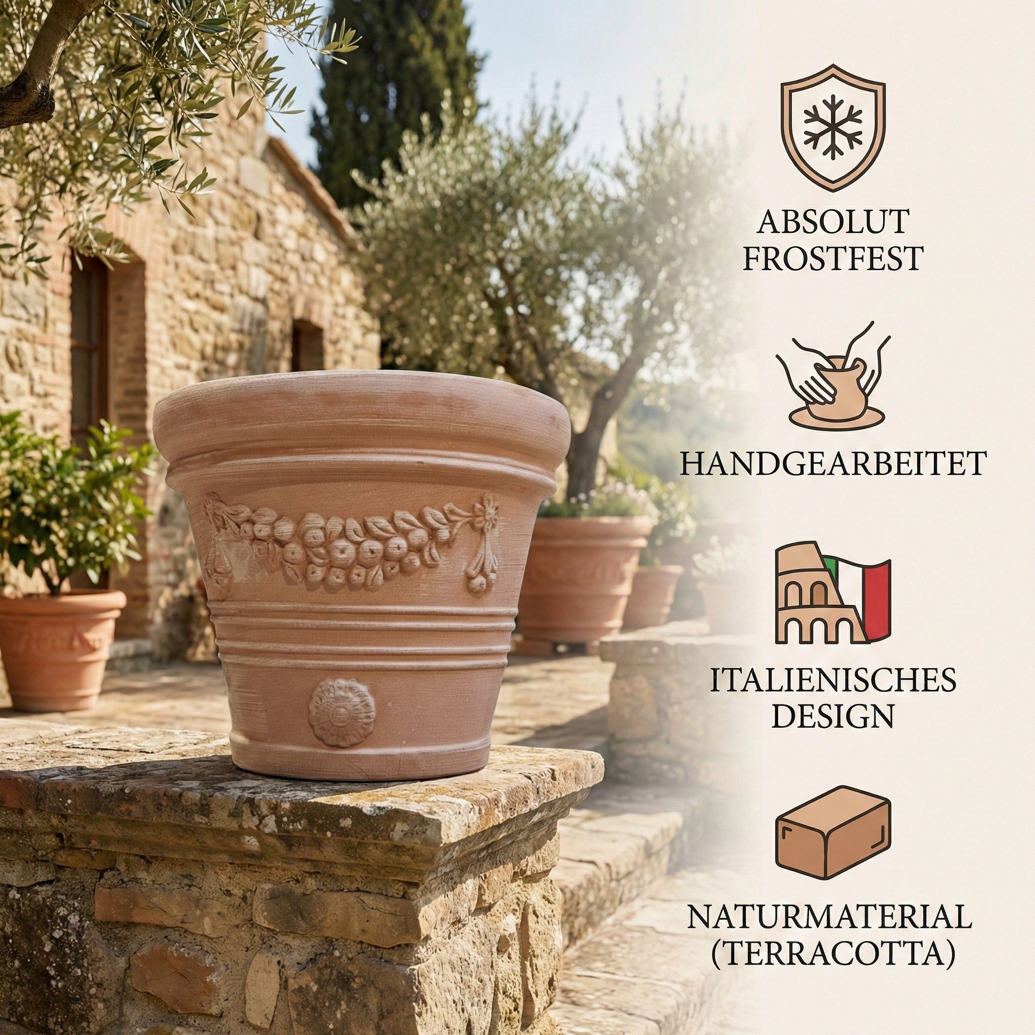 Teramico Blumentopf Großer Terrakotta Pflanzkübel "Festonato" – Ø 41 cm –Italien (1 St), Frostfest, UV-Fest
