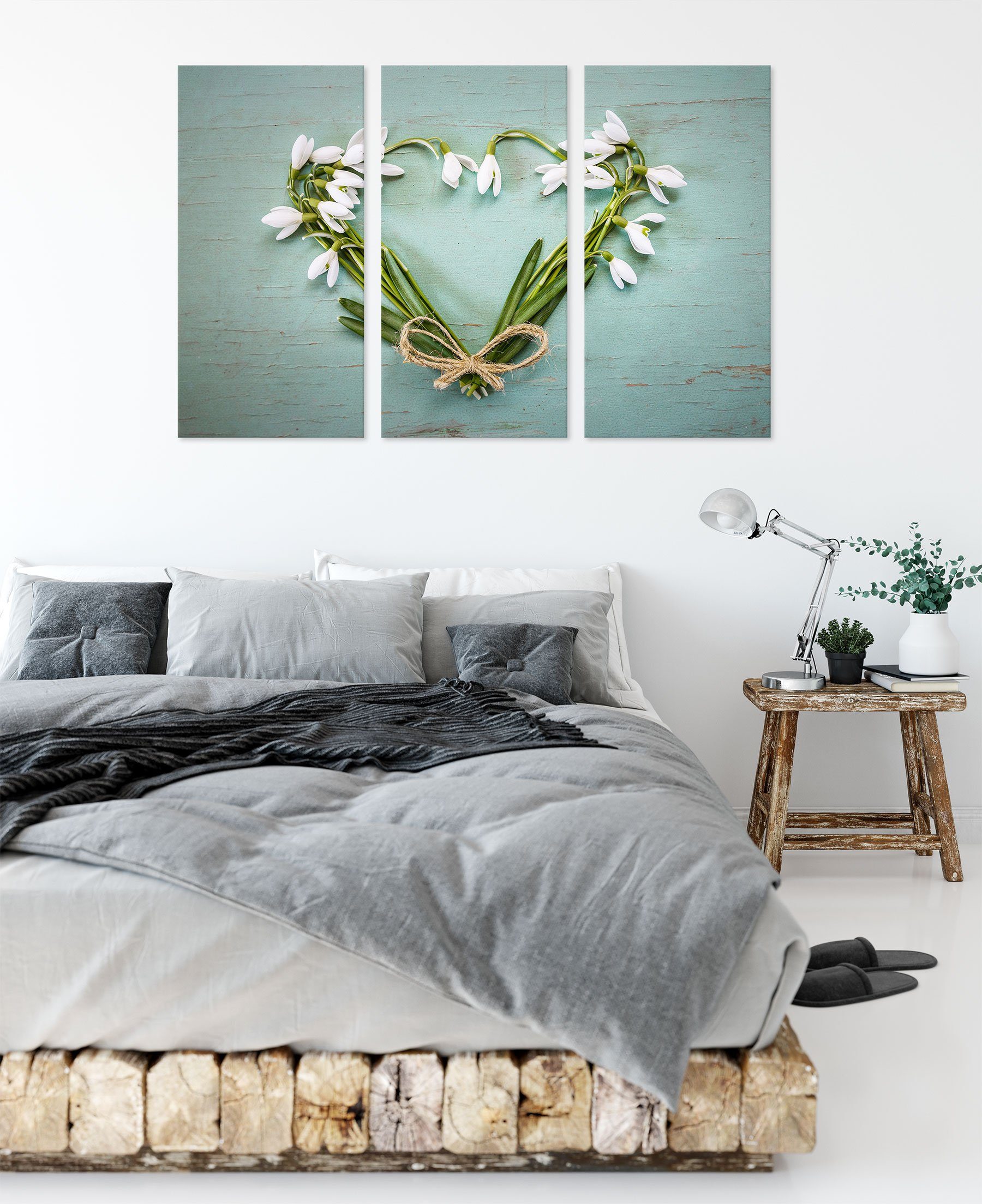 inkl. Pixxprint (1 (120x80cm) Leinwandbild aus St), aus Blumen Herz bespannt, fertig Blumen, Herz Zackenaufhänger 3Teiler Leinwandbild