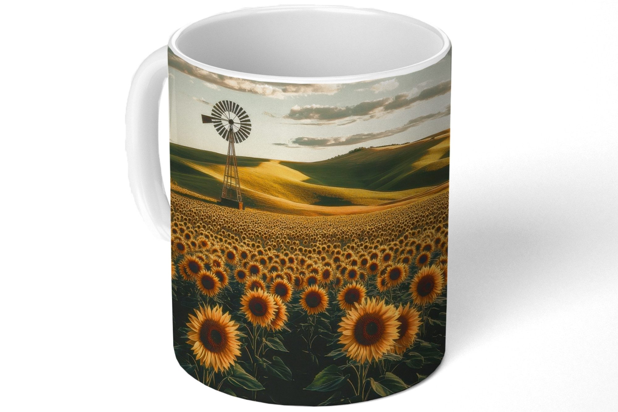 MuchoWow Tasse Sonnenblume - Feld - Windmühle, 1-tlg., Keramik, Kaffeetassen, Teetasse, Becher, Kaffeebecher, Geschenk
