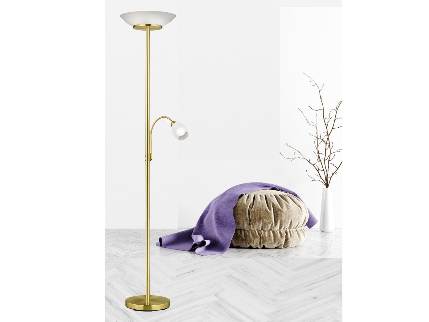 180cm wechselbar, Lesearm, Vintage Deckenfluter, Warmweiß, Messing-Weiß Gold-en Höhe mit Leselampe meineWunschleuchte LED Glas Stehlampe Lampenschirm-e LED