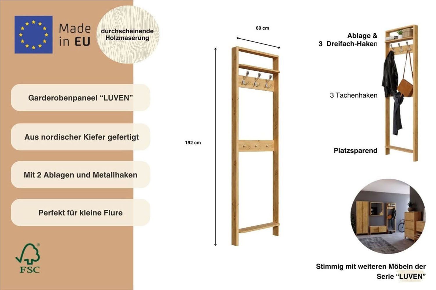OTTO home Garderobenpaneel Luven, FSC® zertifiziertes Massivholz