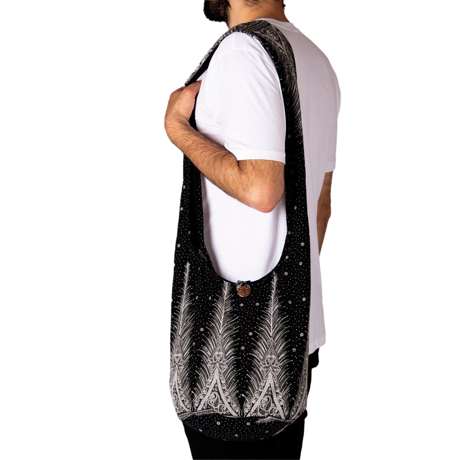 Crossbody Design PANASIAM Windeltasche Innentasche Schultertasche Pfau Baumwolle, Stofftasche Umhängetasche Schulterbeutel schwarz Handtasche mit reiner aus im als V