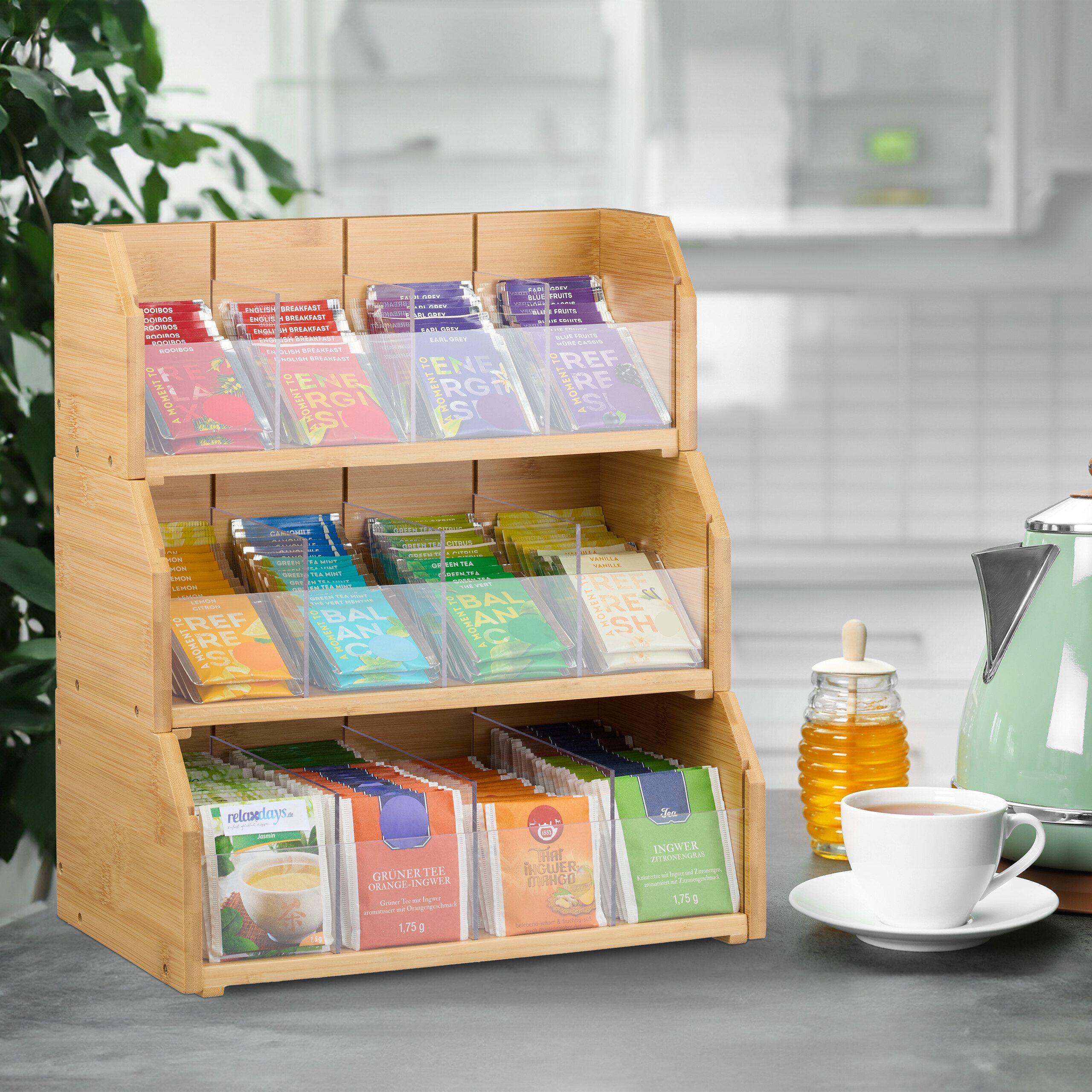 relaxdays Teebox Tee Organizer 12 Fächer Bambus, Bambus