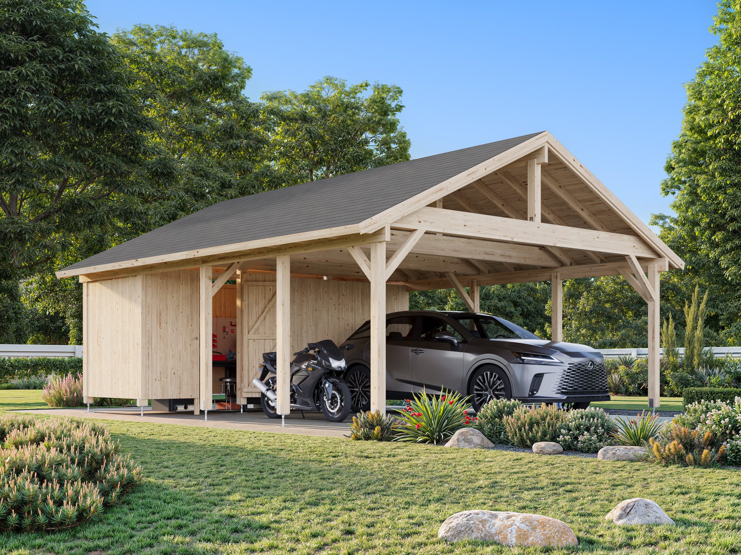 Palmako Doppelcarport Robert mit Geräteraum, BxT: 640x764 cm, 199 cm Einfahrtshöhe