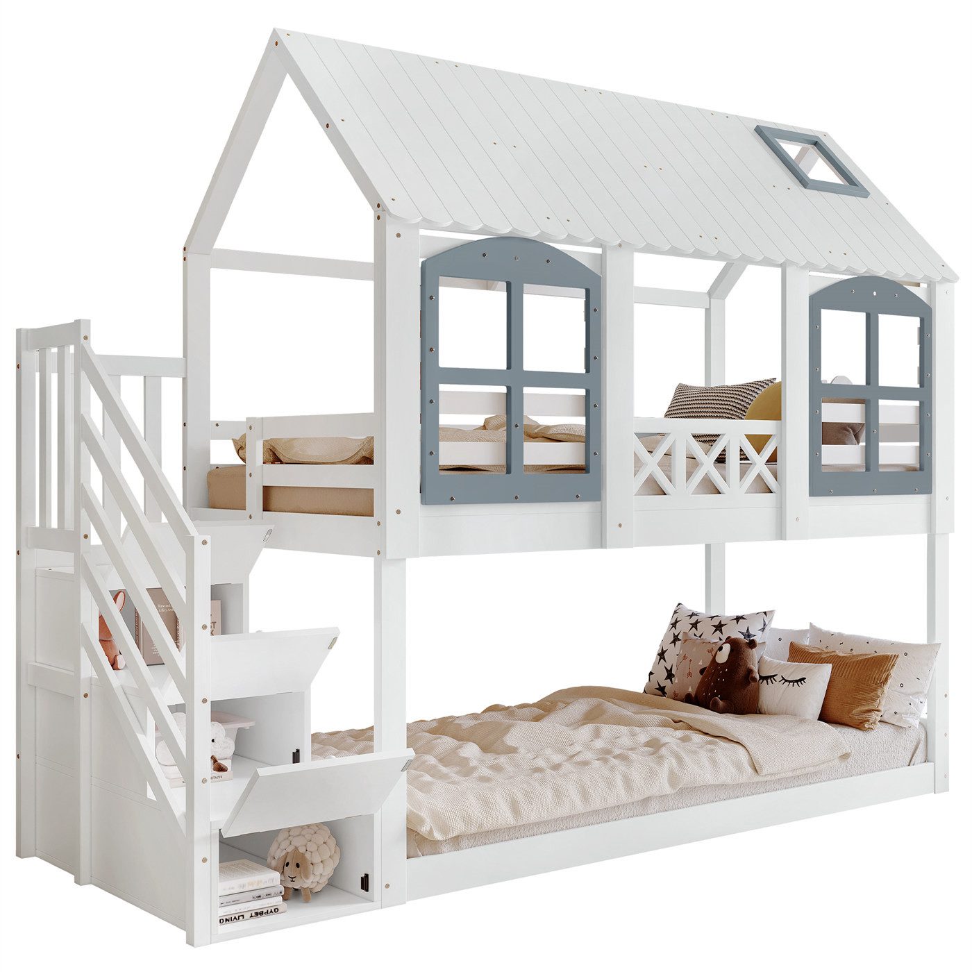 Kinderbett Etagenbett, Kinderbett,Hochbett mit Dach und Fenster,Kiefer+MDF