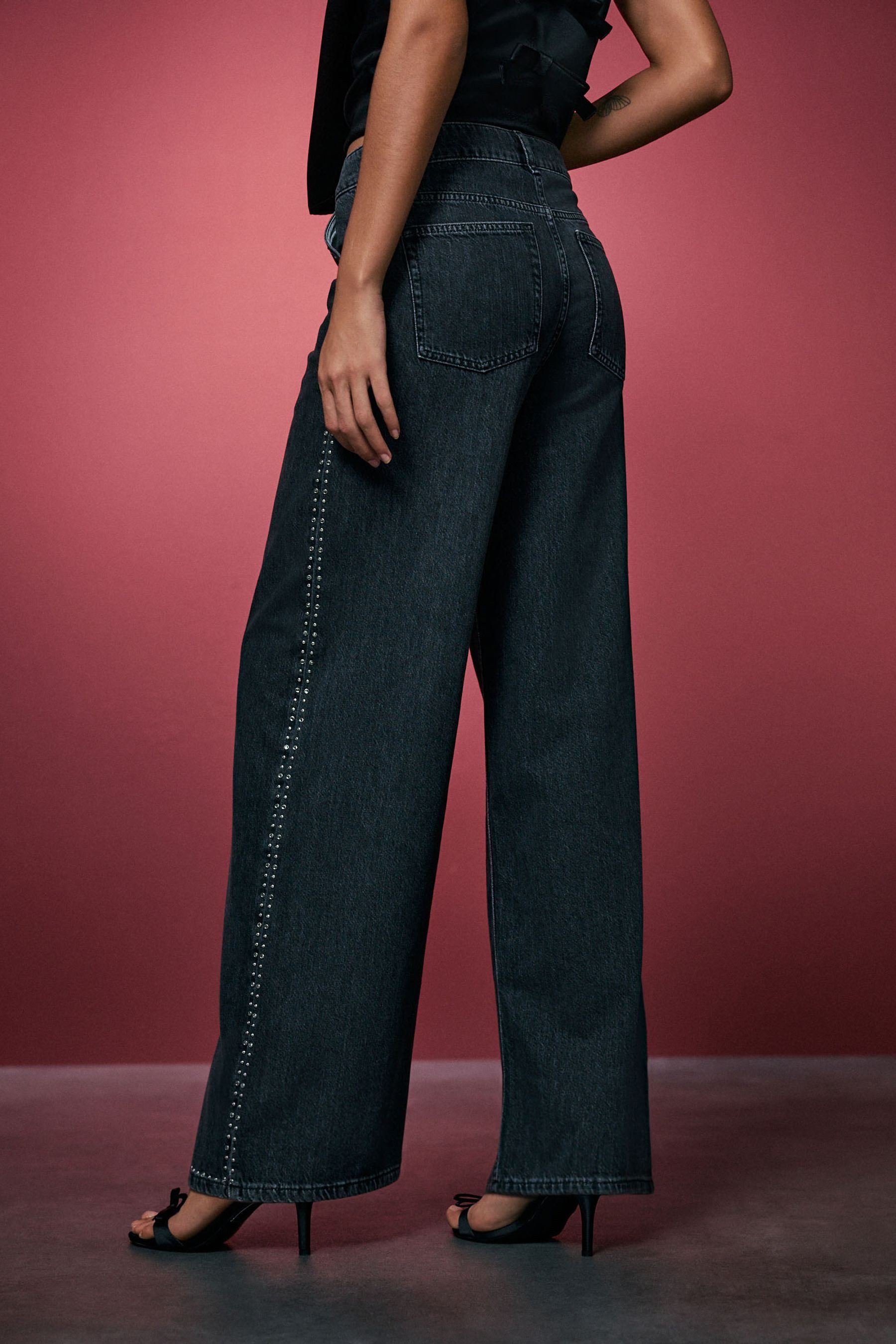 Next Weite Jeans Palazzo-Hochbundjeans mit weitem Bein und Nieten (1-tlg)
