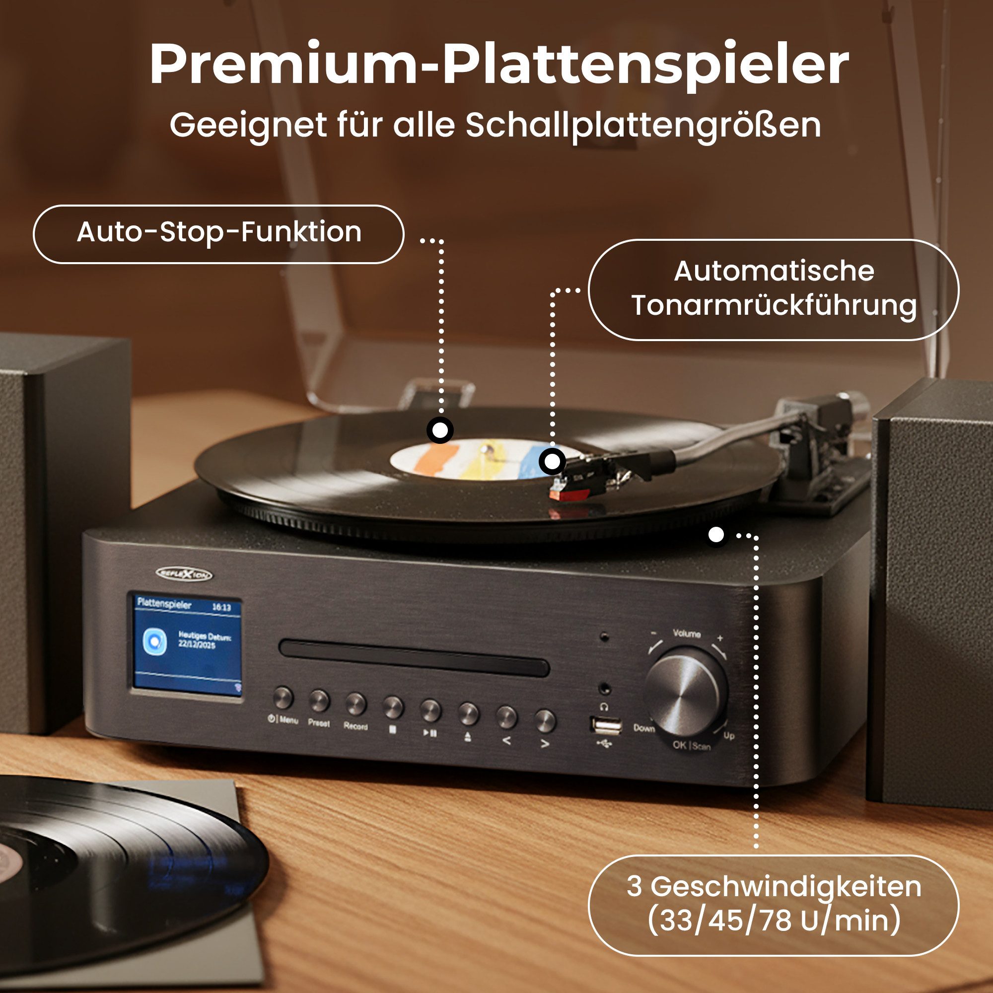 Reflexion HIF2084IR Plattenspieler (Bluetooth, WiFi, DAB+, Internetradio, Bluetooth, CD, Farbdisplay)