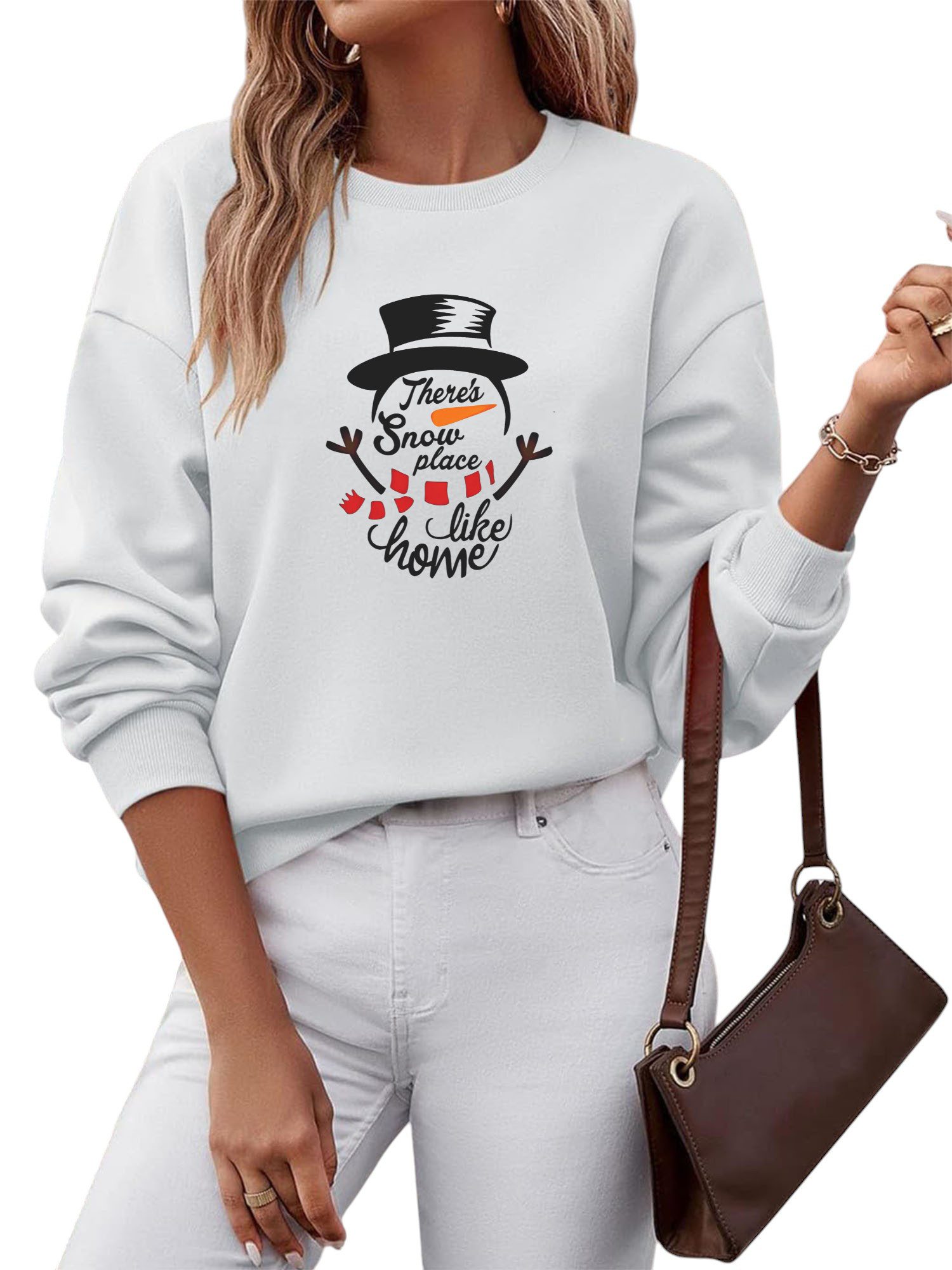 Rundhalspullover Damen Rundhals Sweatshirt mit Schneemann Print