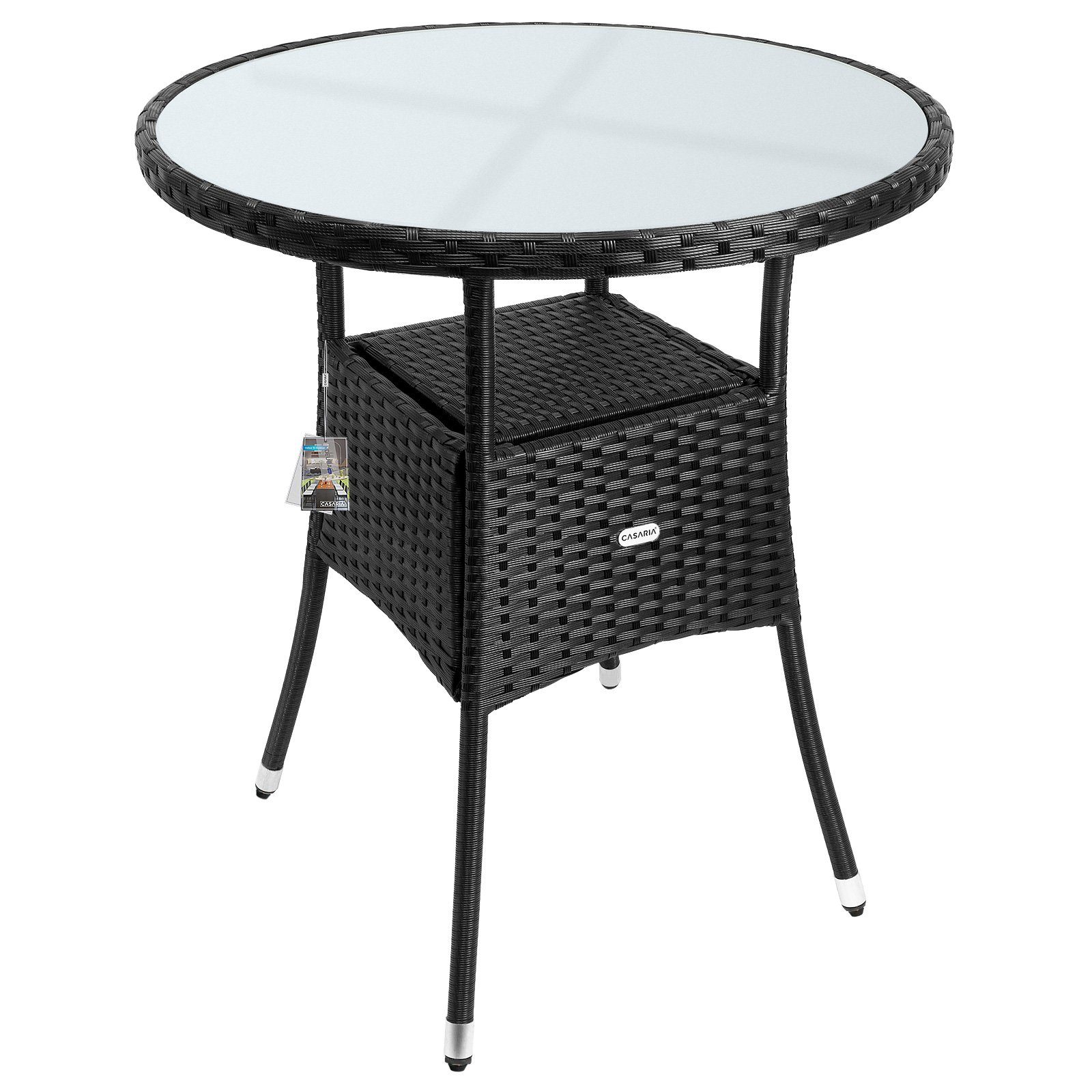 Casaria Gartentisch, Polyrattan Rund Glas Höhenverstellbar 80kg Belastbarkeit Wetterfest Schwarz