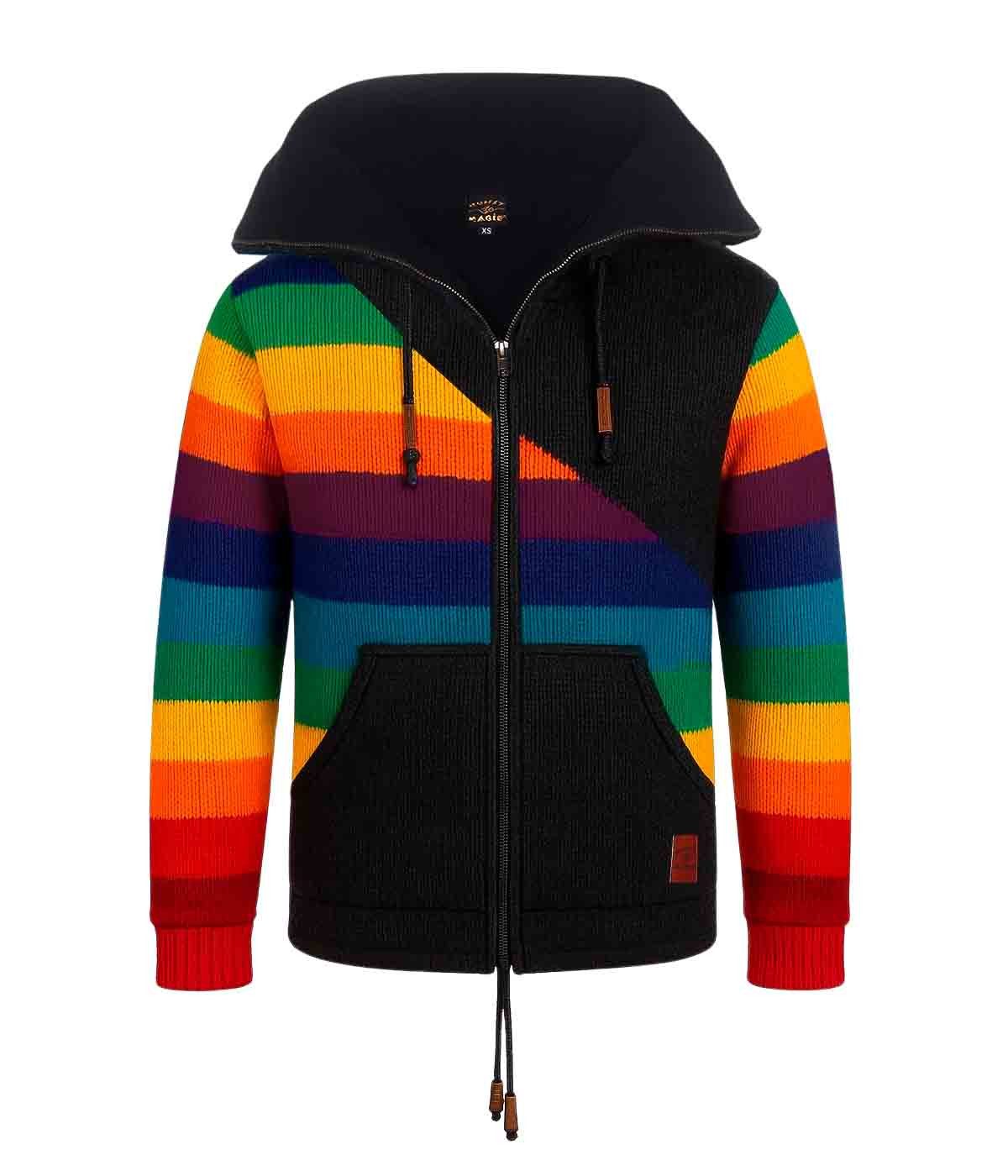 KUNST UND MAGIE Strickjacke Strickjacke Wolle Bunte Regenbogen Jacke Fleecefutter Hochkragen