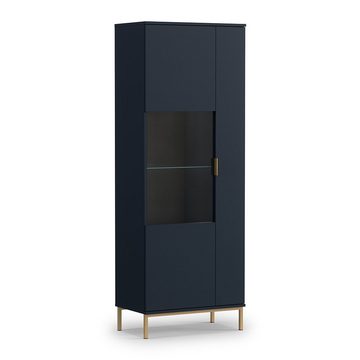 Lomadox Vitrine PERIA-132 blau Glastür und Glasboden Metall Fußgestell gold 70/190/41 cm