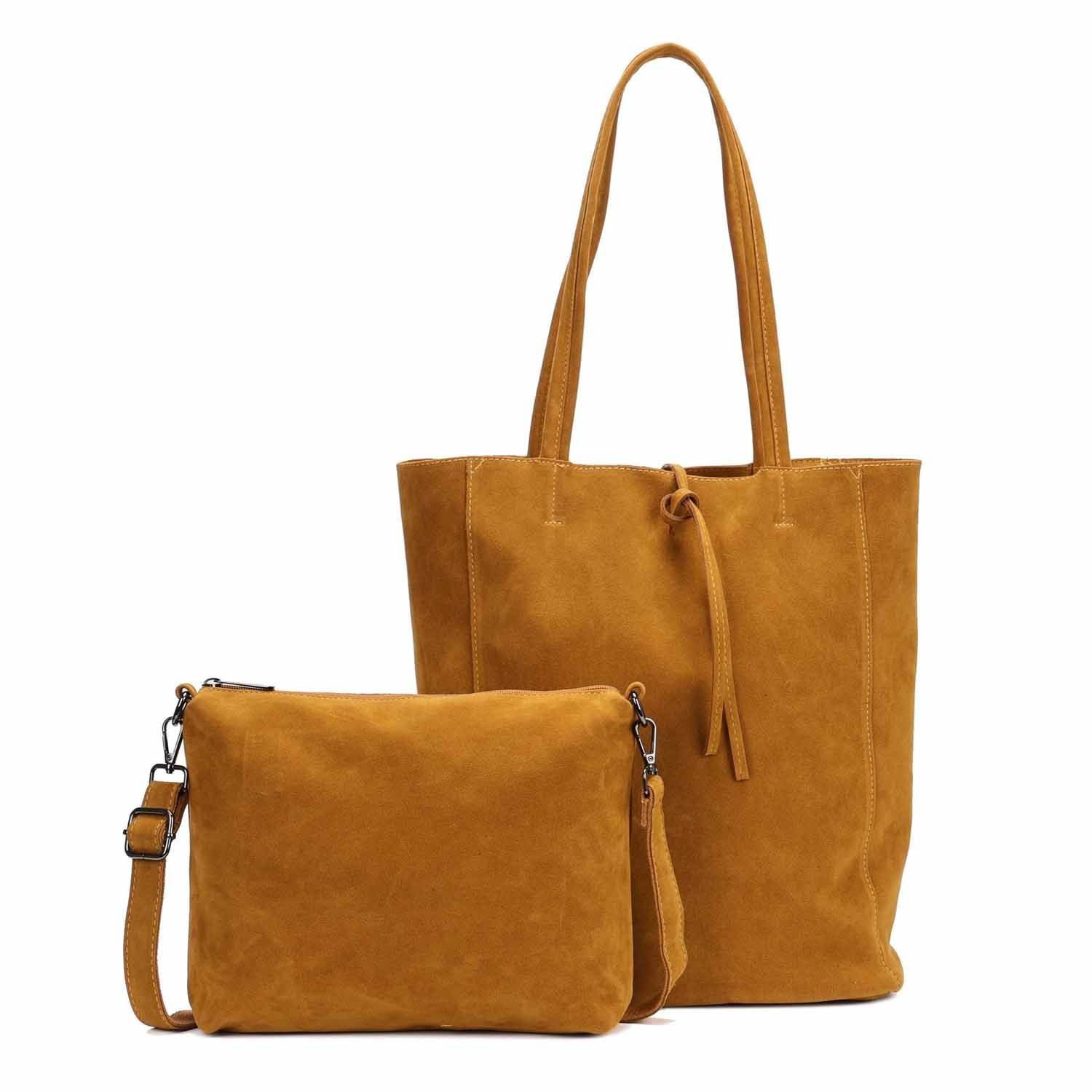 ITALYSHOP24 Schultertasche SET 2in1 Damen Tasche Umhängetasche XXL Hand-Tasche Shopper Tote Bag, Crossbody Reisetasche Henkeltasche Workbag Veganes Wildleder CrossOver