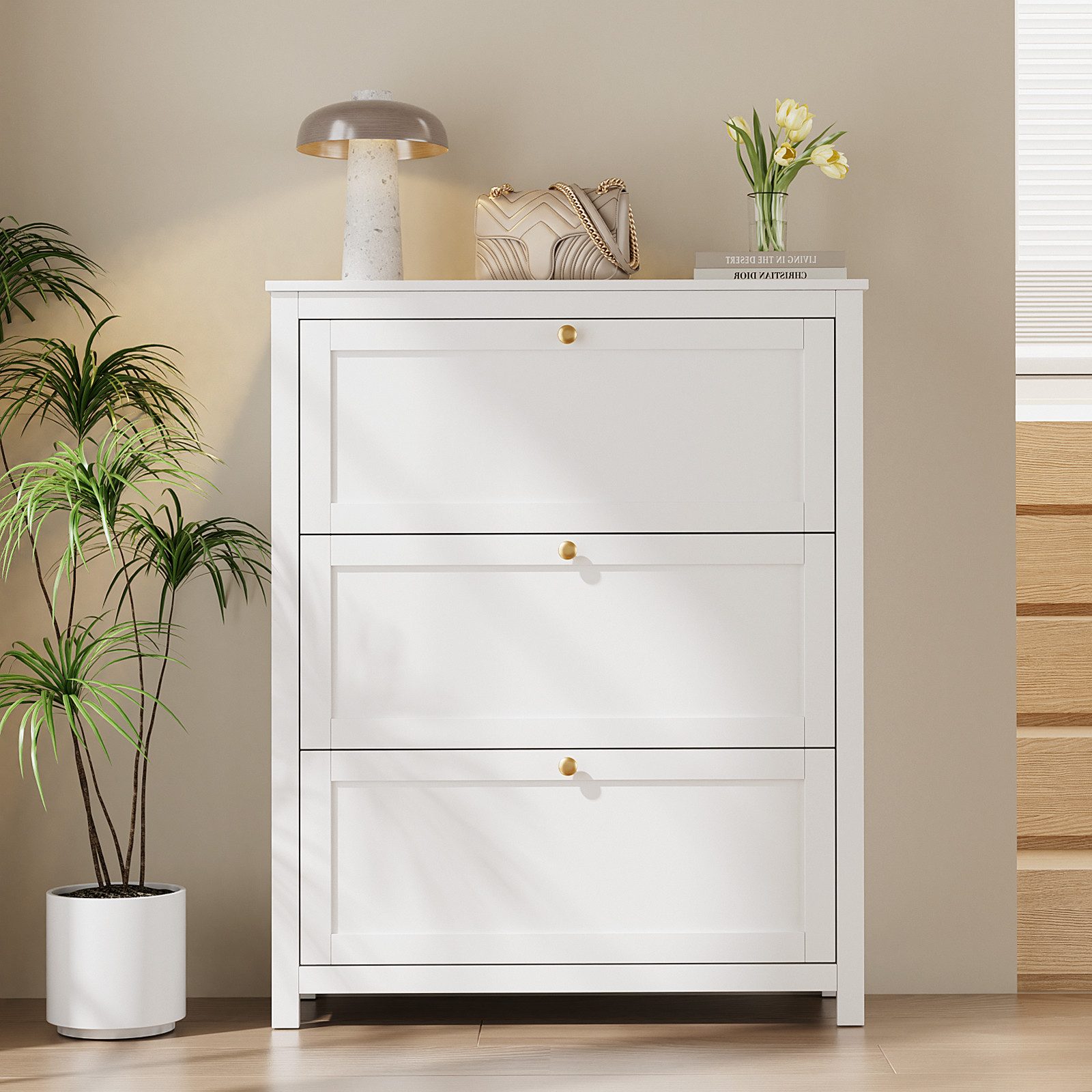 VOWNER Schuhschrank mit 3 Klappen, 6 Fächer, verstellbarer Schuhablage, 90 × 30 × 110 cm (1-St) Ideal für Eingangsbereich/Flur​