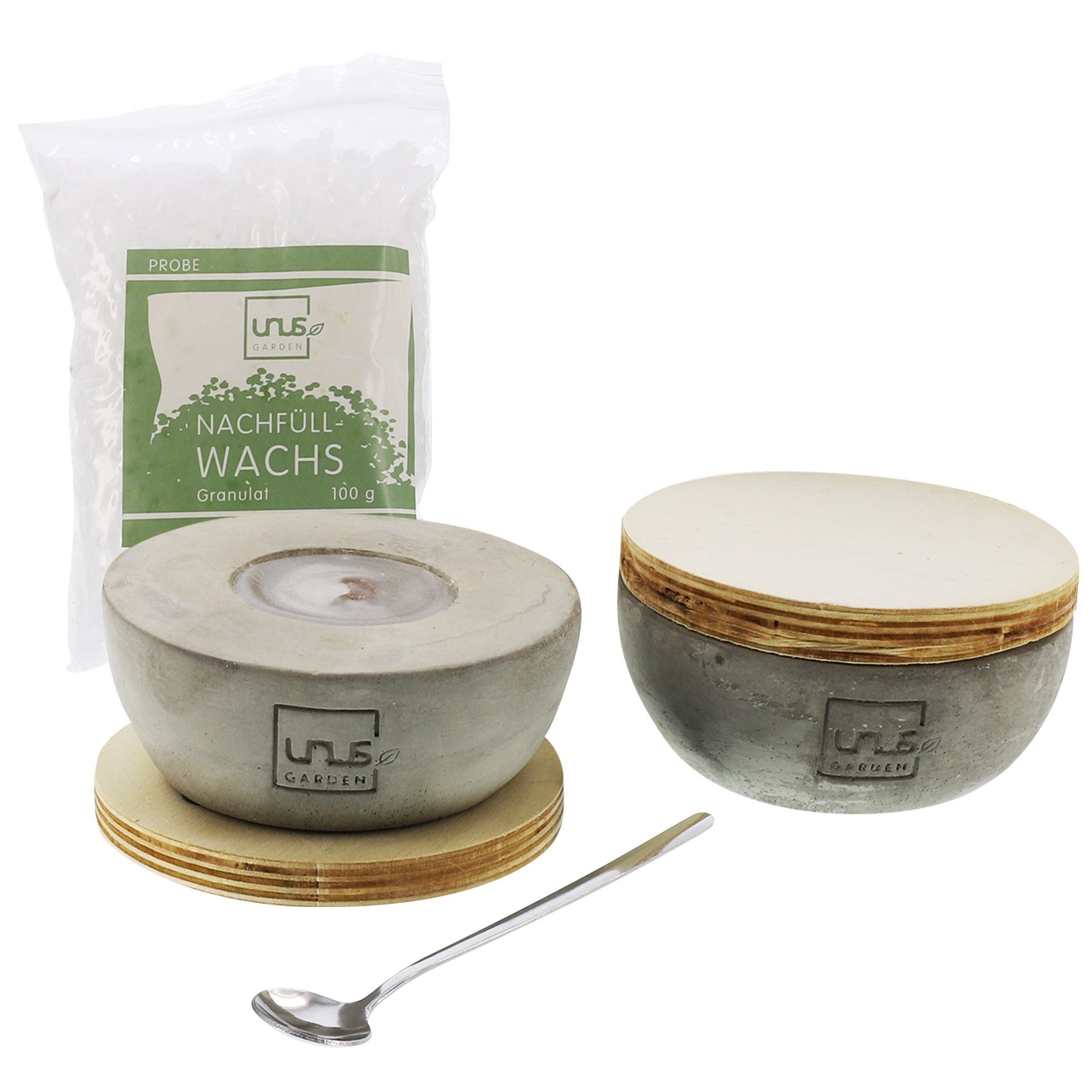 UNUS GARDEN Outdoorkerze Kerzen quaderförmig 2er Set handgemacht (6-tlg., inklusive Nachfüll-Wachs, Löffel und Löschdeckel), Kerzenfeuer Tischfeuer Outdoor-Tischfeuer Beton-Kerze Rund-Kerze