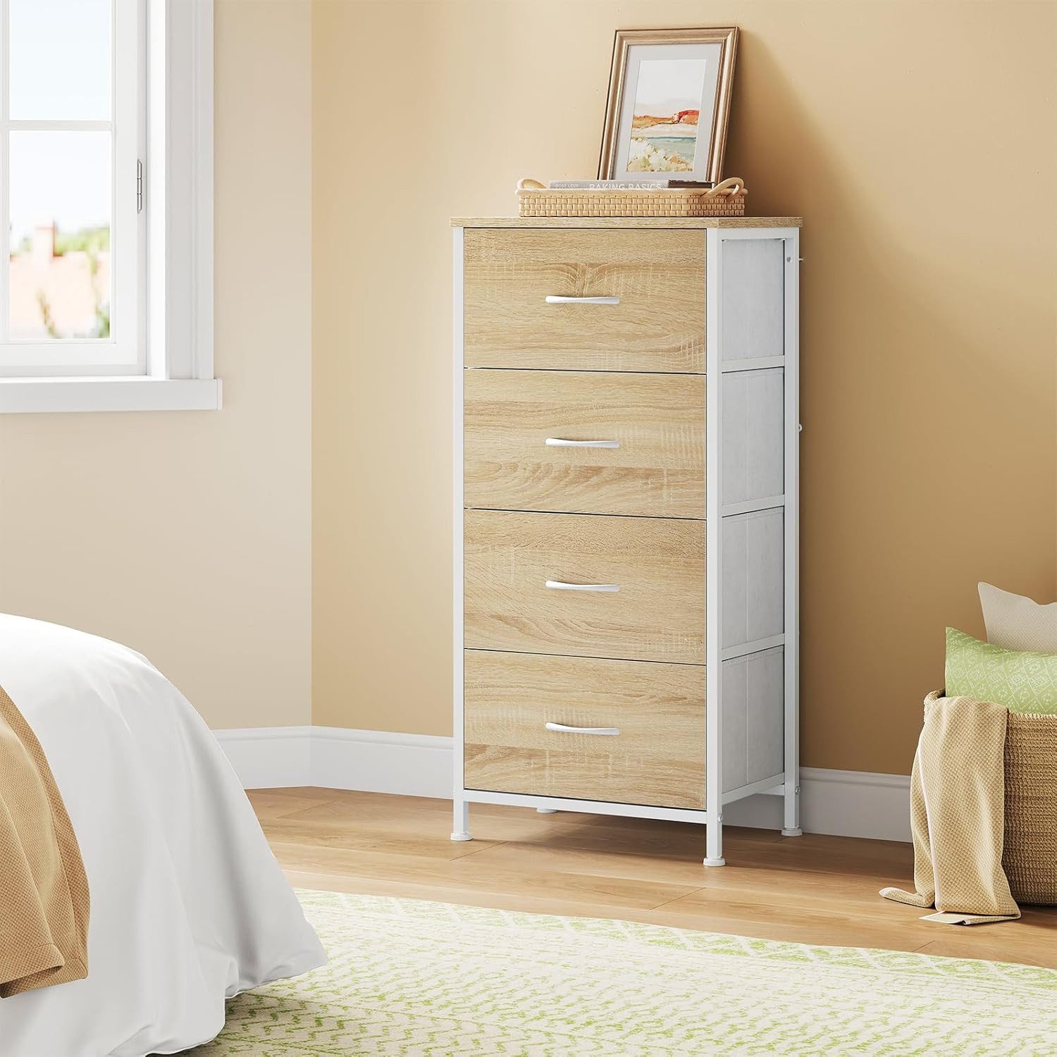 Woltu Kommode (1 St), schmal, mit 4 Schubladen aus Stoff, Sideboard
