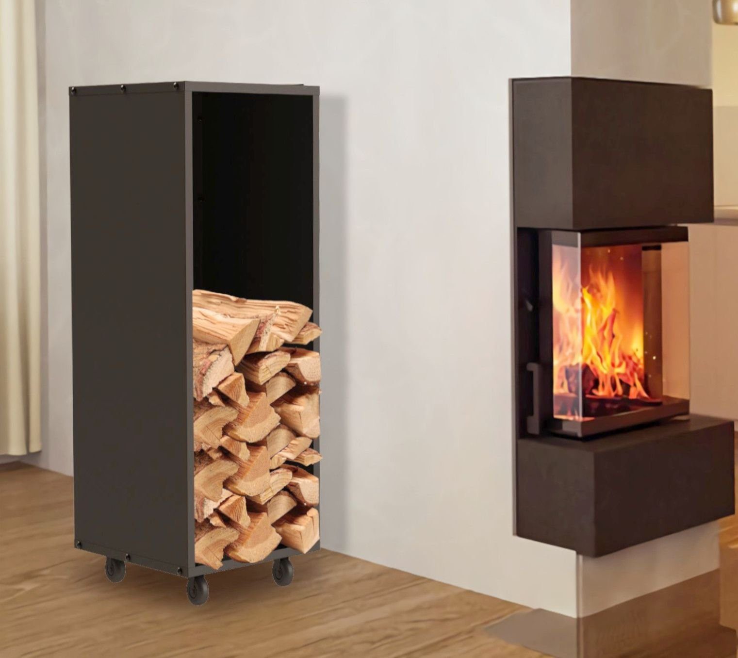 DanDiBo Kaminholzregal Innen Metall Schwarz Kaminholzständer 85 cm mit Rollen mit Ablage, mit Rückwand