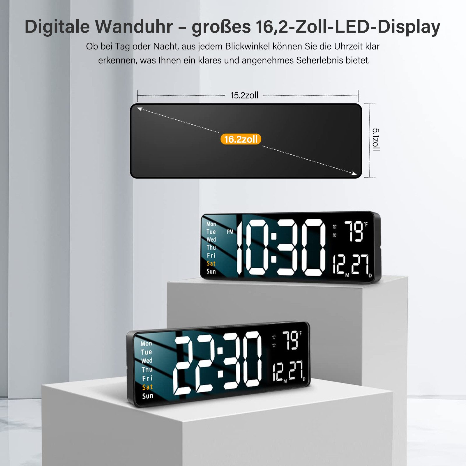 MOPUEA Wanduhr 16-Zoll Wanduhr LED-Digitalwecker mit Fernbedienung, 12/24 Std. – Bild 2 von 5
