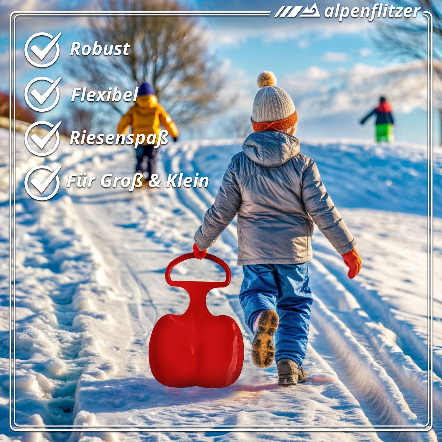 Alpenflitzer Schneerutscher ALPENFLITZER 2er Set Kinder Snow Sled-Poporutscher Schlitten mit Griff (Schlitten mit Griff, Schneerutscher Bob), 2er Set blau & rot