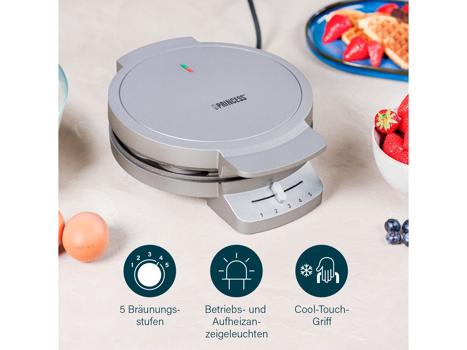PRINCESS Waffeleisen, 1200 W, 5 herzförmige Waffeln Ø20cm Waffelbäcker Waffelmaker mit Waffel-Gabel