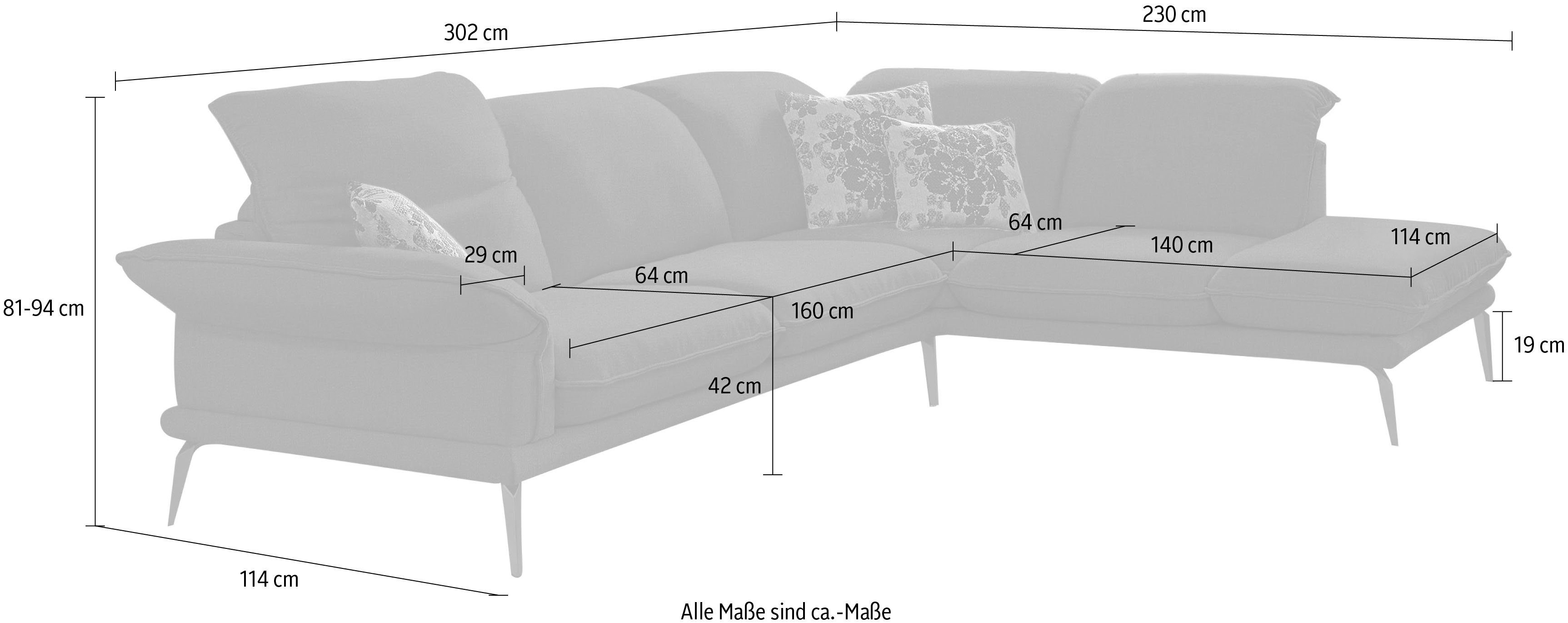 sherry, Kopfstützenverstellung, cm in Schwarz, Ecksofa W.SCHILLIG Metallfüße Breite 302