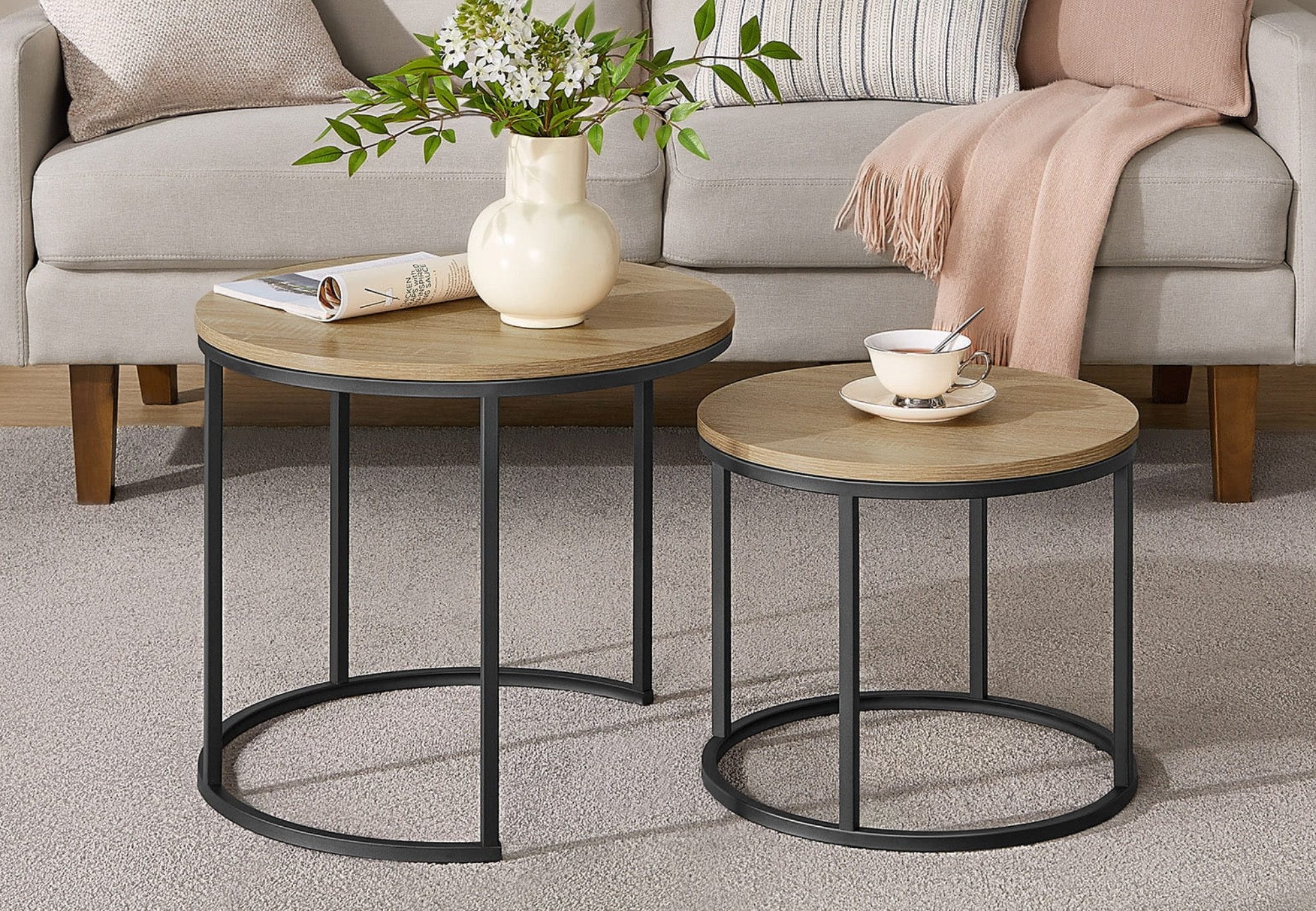 Home Collective Couchtisch 2er Set, sonoma Eiche / schwarz/beige, Gr. Rund