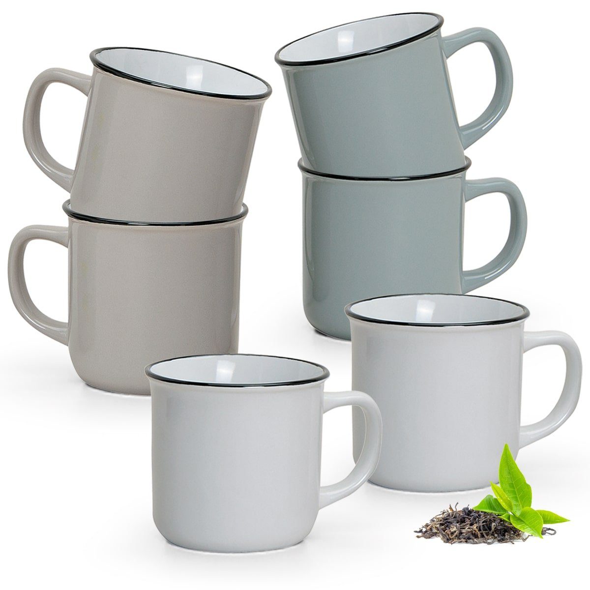 matches21 HOME & HOBBY Tasse Kaffeebecher 6er Set Emaille-Optik einfarbig Vintage, 6-tlg., Keramik, Tee Kaffee-Becher, modern, beige braun weiss grau, 240 ml
