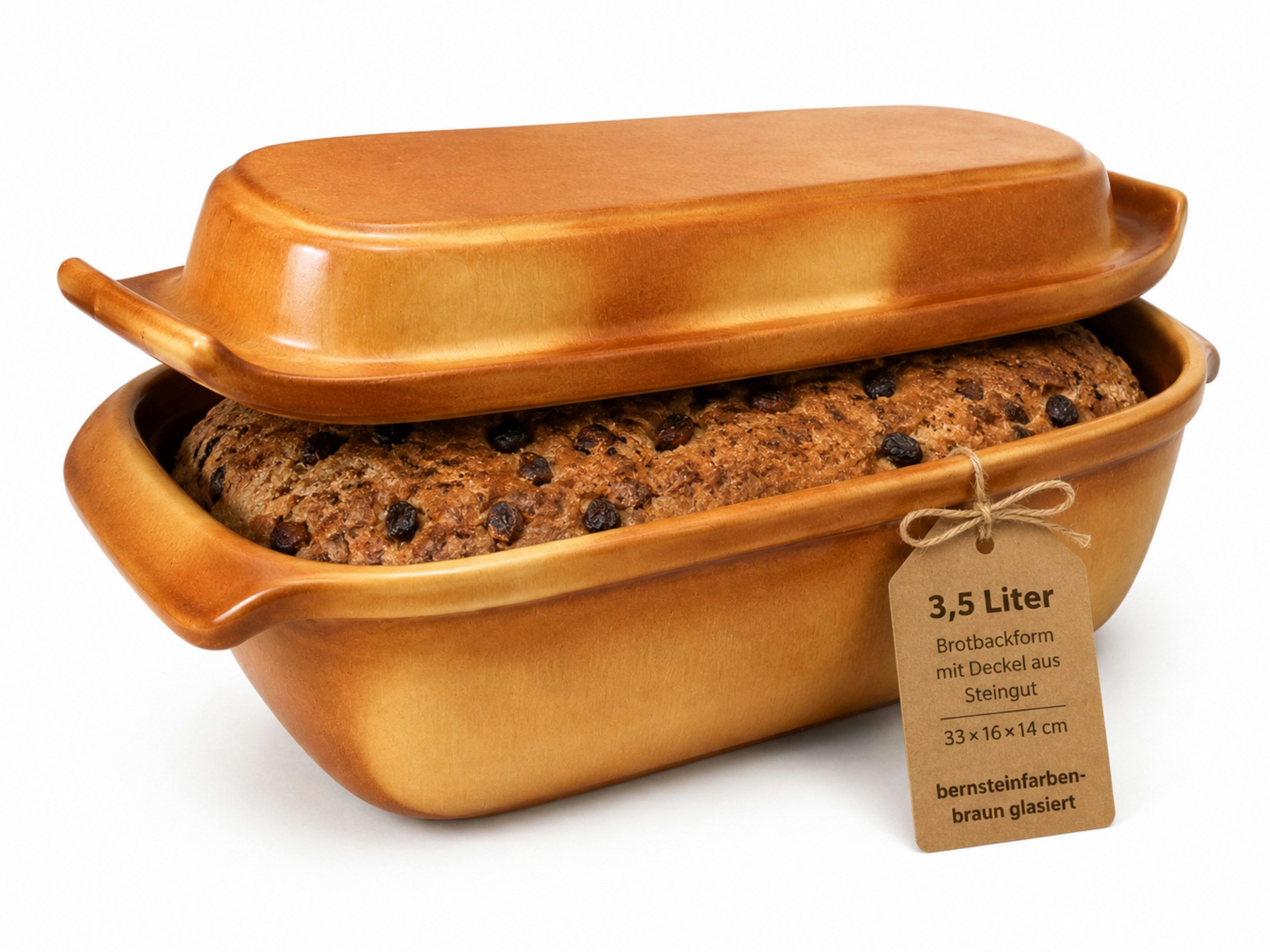 KERAZO Brotbackform 3,5L Keramik Bräter mit Deckel Brottopf Auflaufform 33x16x14cm, braun, Für knuspriges Brot und saftige Ofengerichte