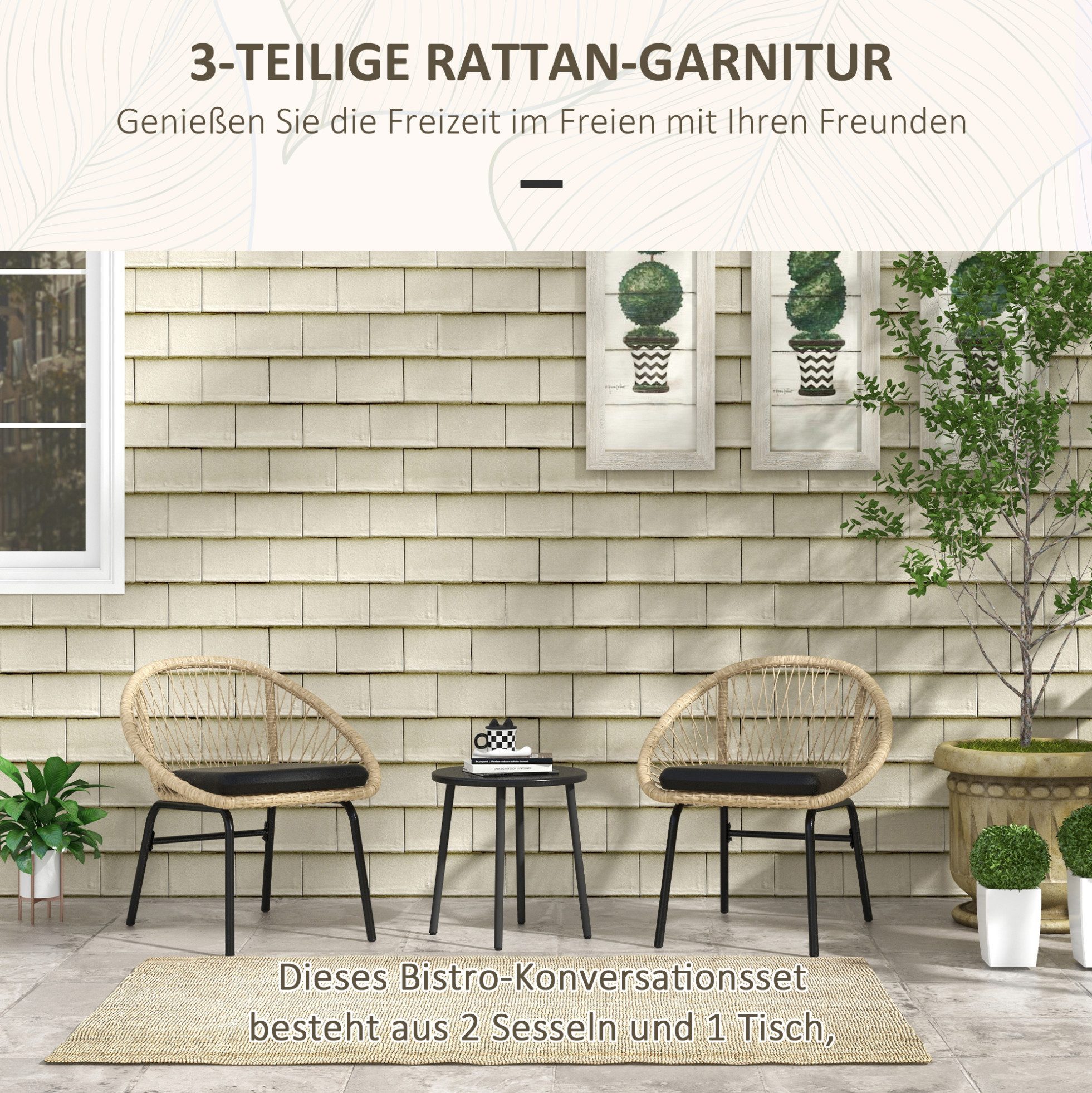REDOM Sitzgruppe Rattan Balkonmöbel-Set 3-teilig mit Couchtisch, 40x40x45 cm, (Set, 3-tlg., Gelbes Möbelset aus Polyester-Geflecht für den Außenbereich), 2 Gartenstühle inklusive Sitzkissen für entspannte Stunden