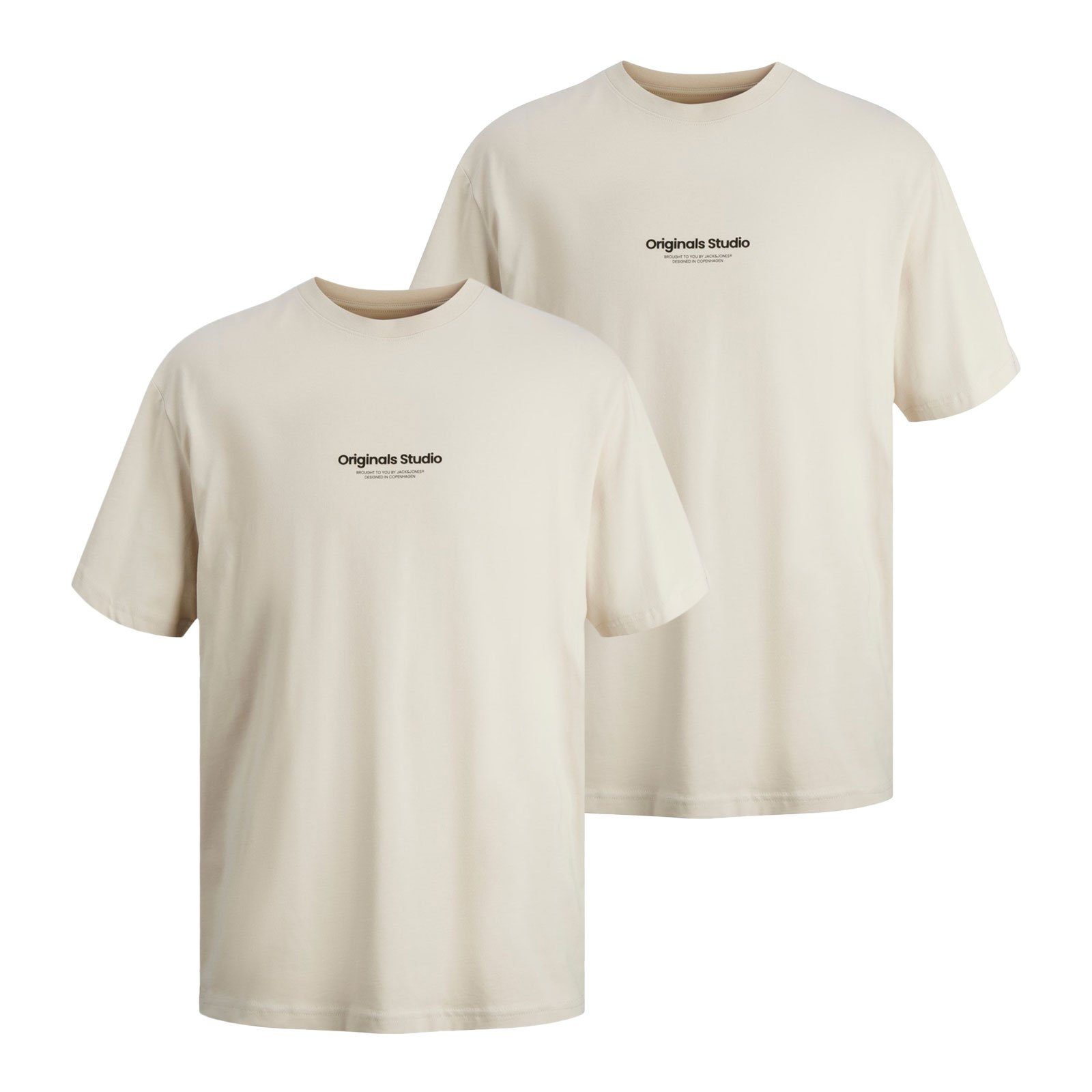 Jack & Jones T-Shirt 2er Jorvesterbro Pack moonbeam modischem auf Vorderseite Schriftzug Crew SS der mit Tee Neck