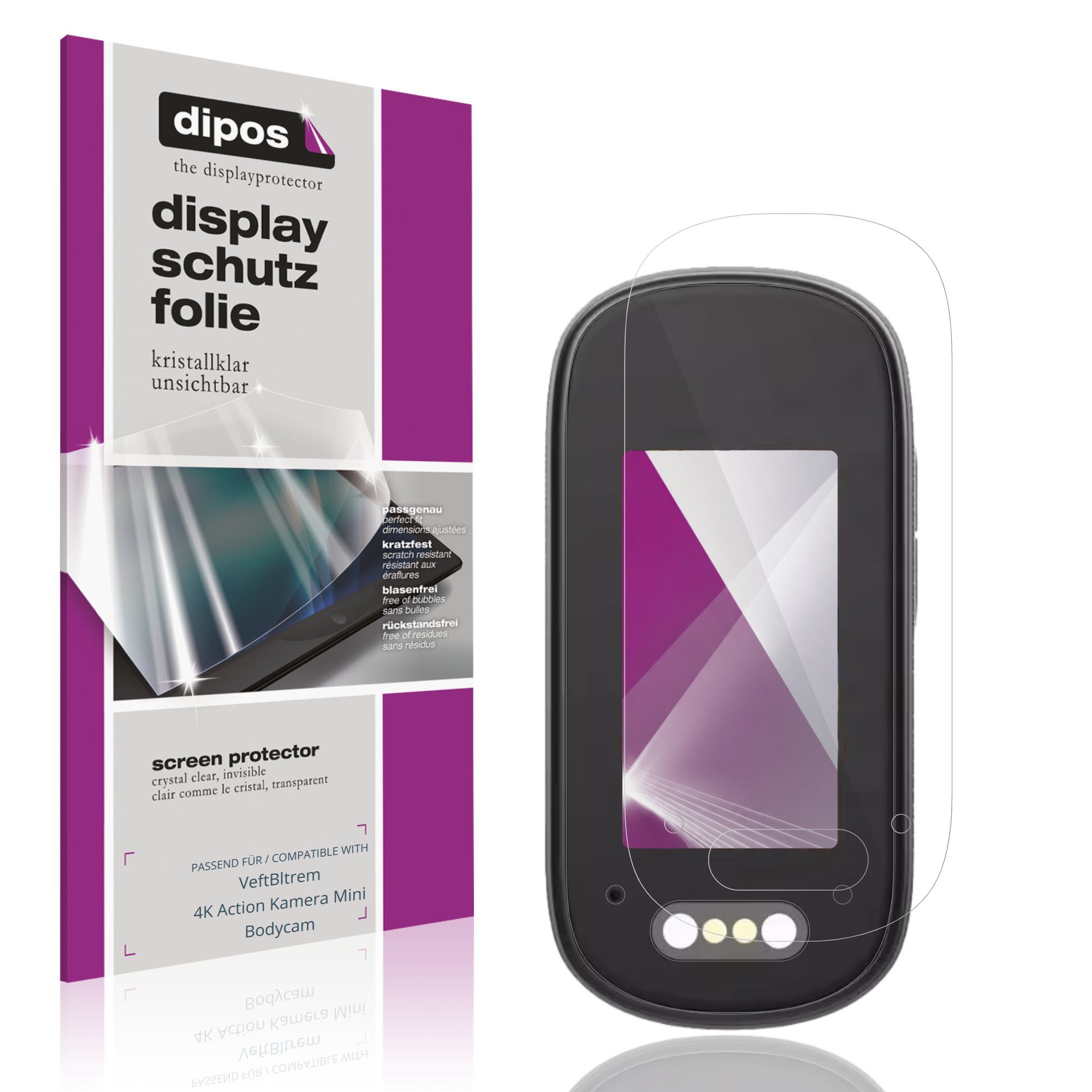 dipos Displayschutzfolie Schutzfolie für VeftBltrem 4K Action Kamera Mini Bodycam, 4 Stück, Displayschutz Schutz Folie Made in Germany