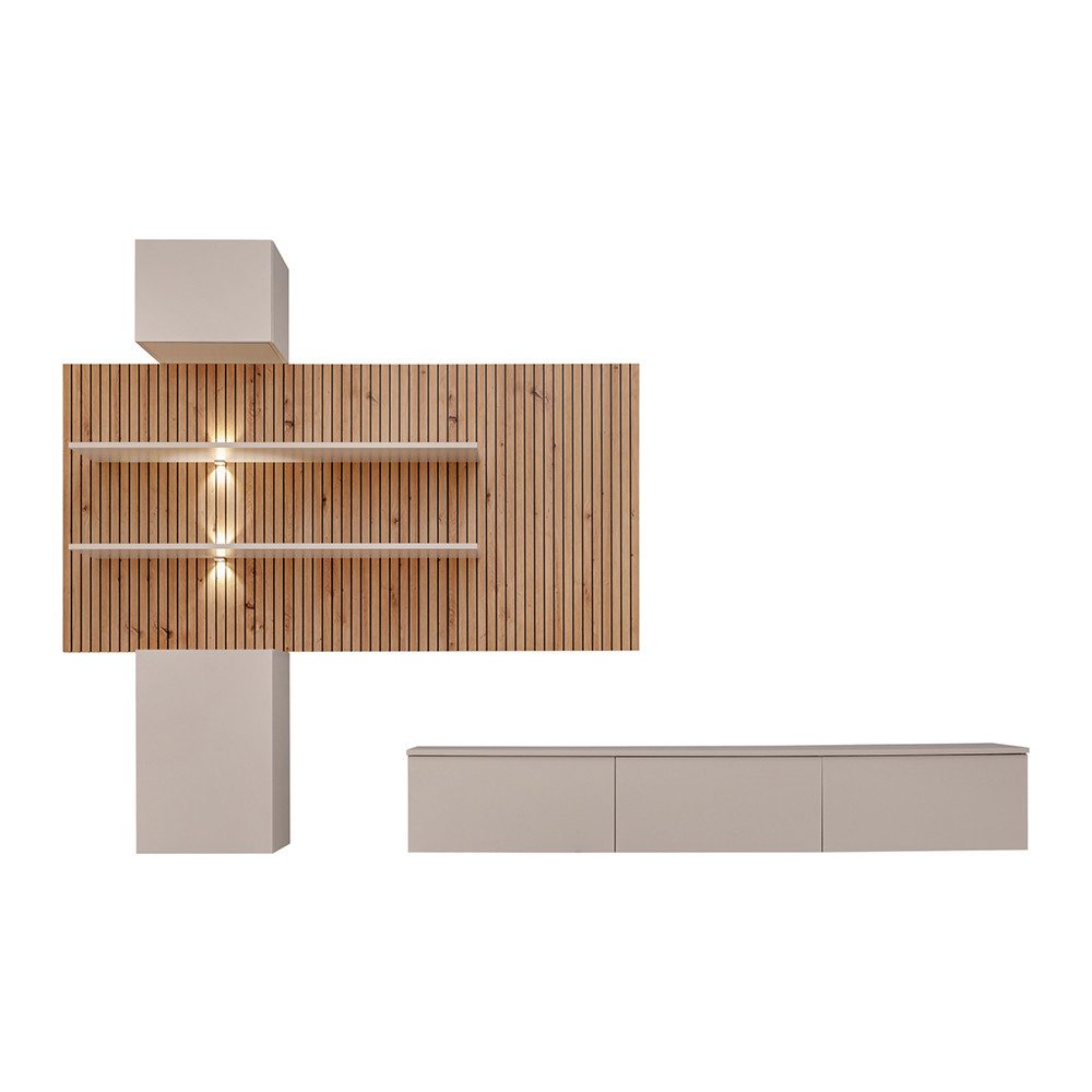 Lomadox Wohnwand GALATINA-164, (2-St., Wandpaneel, Hängeschränke, Lowboard), Anbauwand mit LED-Beleuchtung, weiß mit Eiche