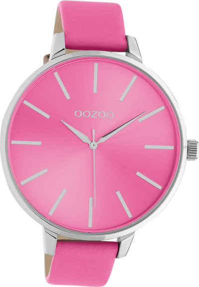 OOZOO Quarzuhr Oozoo Damen Armbanduhr Timepieces, Damenuhr Lederarmband pink, rundes Gehäuse, extra groß (ca. 48mm)