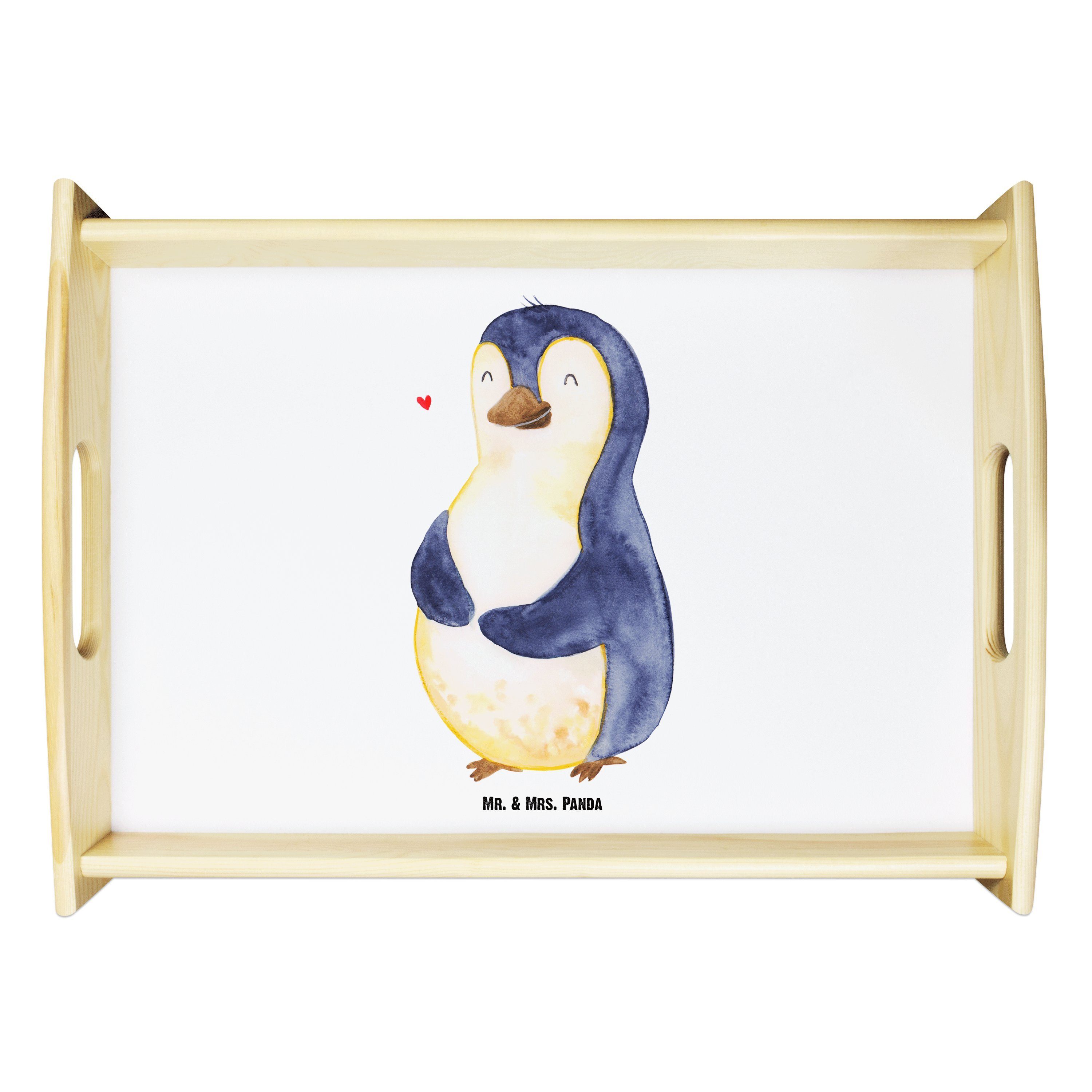 Mr. & Mrs. Panda Tablett Pinguin Diät - Weiß - Geschenk, Frühstückstablett, Tablett, Holztable, Echtholz lasiert, (1-tlg)