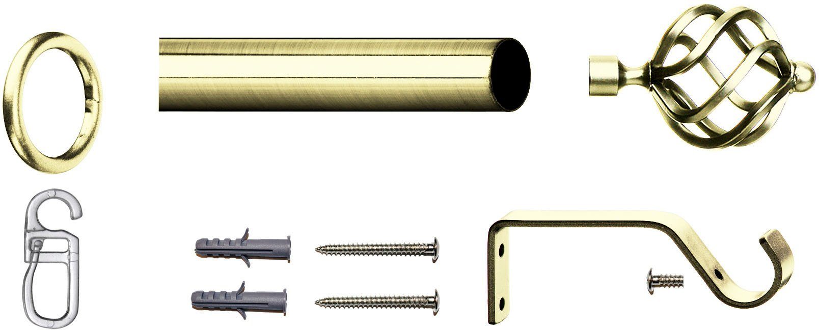 1-läufig, Gardinenstange Ringen Ringen Arezzo, 16 Faltenlegehaken Montagematerial, indeko, Ø mm, und Komplett-Set Komplettset Stahl, Fixmaß, inkl. Trägern, Endstücken, verschraubt, mit und