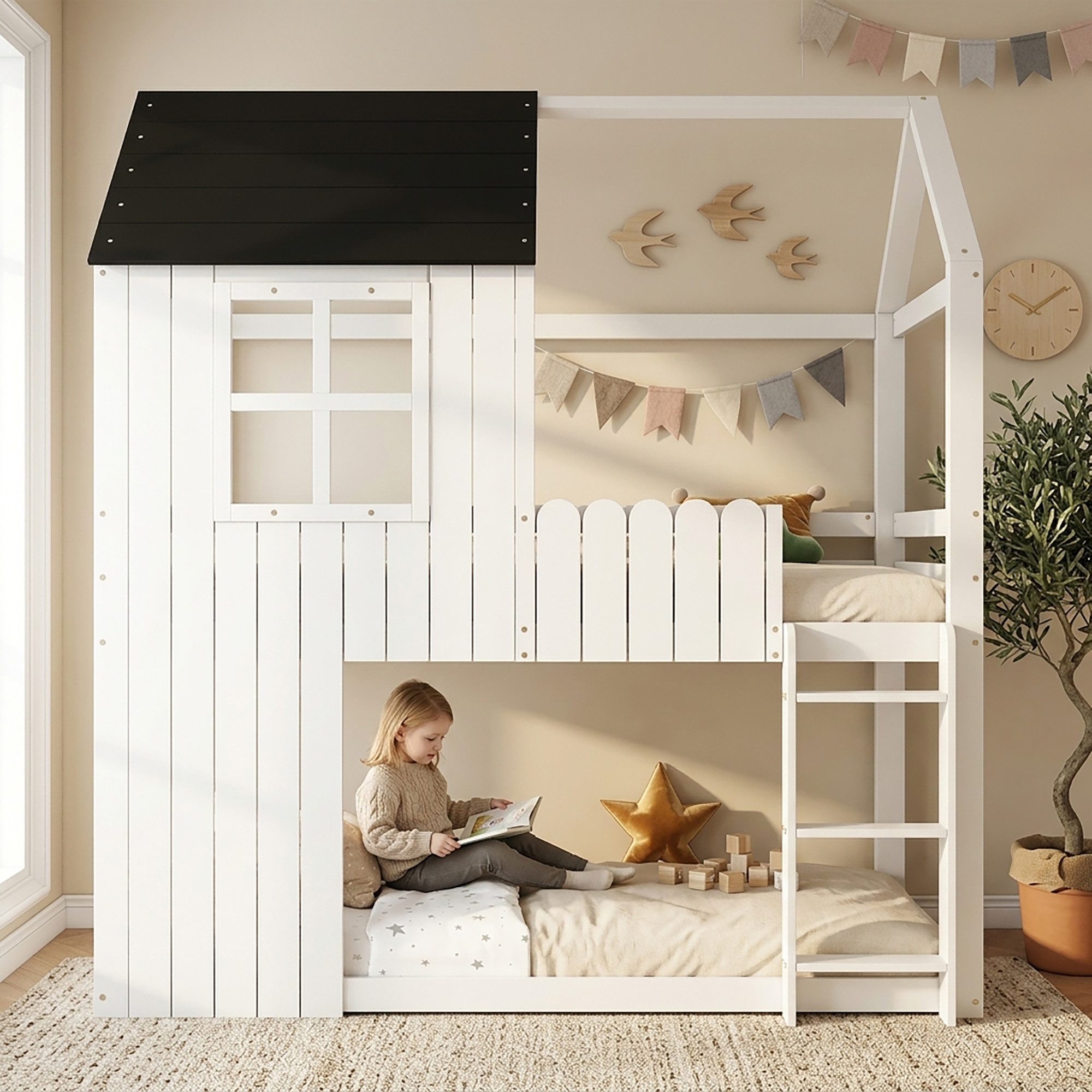 KLAM HOME Kinderbett Haus-Hochbett 90x200cm Weiß-Schwarz mit Treppe & Rundumschutz (Kinderbett aus Kiefer & MDF mit Fensterdekoration und Spielraum unten), Sicheres Etagenbett mit dreistufiger Treppe für das Kinderzimmer