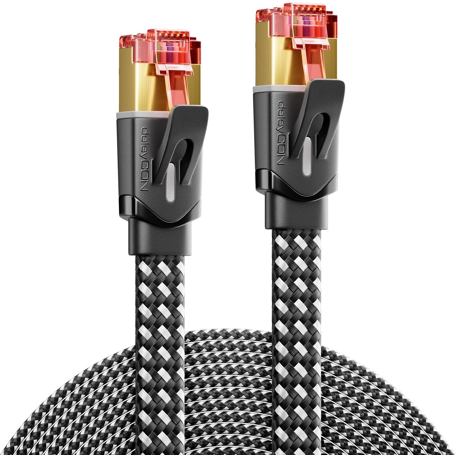 deleyCON 15m CAT7 Patchkabel Flachkabel RJ45 Nylon Netzwerkkabel Flach LAN DSL LAN-Kabel