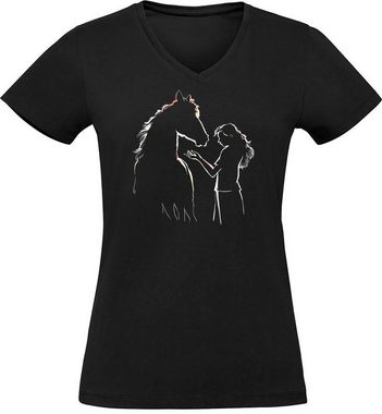 MyDesign24 T-Shirt Damen Pferde Print Shirt bedruckt - Pferde Silhouette mit Frau Baumwollshirt mit Aufdruck, Slim Fit, i139