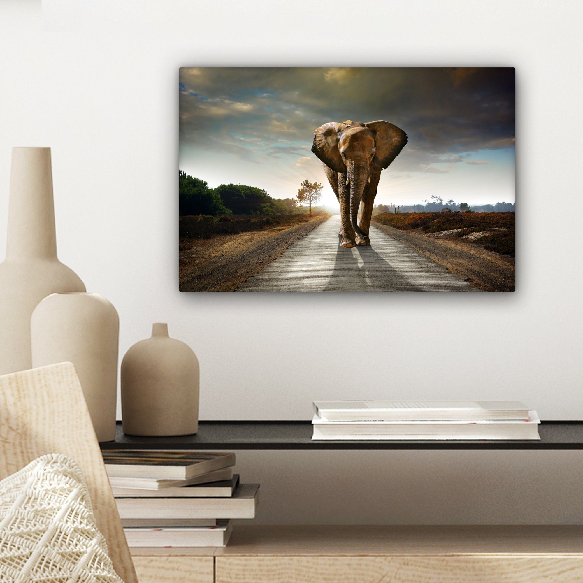 - - Leinwandbilder, Leinwandbild cm (1 Wanddeko, St), Sonnenuntergang Elefant Tiere Sonnenuntergang Straße - - - 30x20 Landschaft, OneMillionCanvasses® Aufhängefertig, Wandbild Elefant