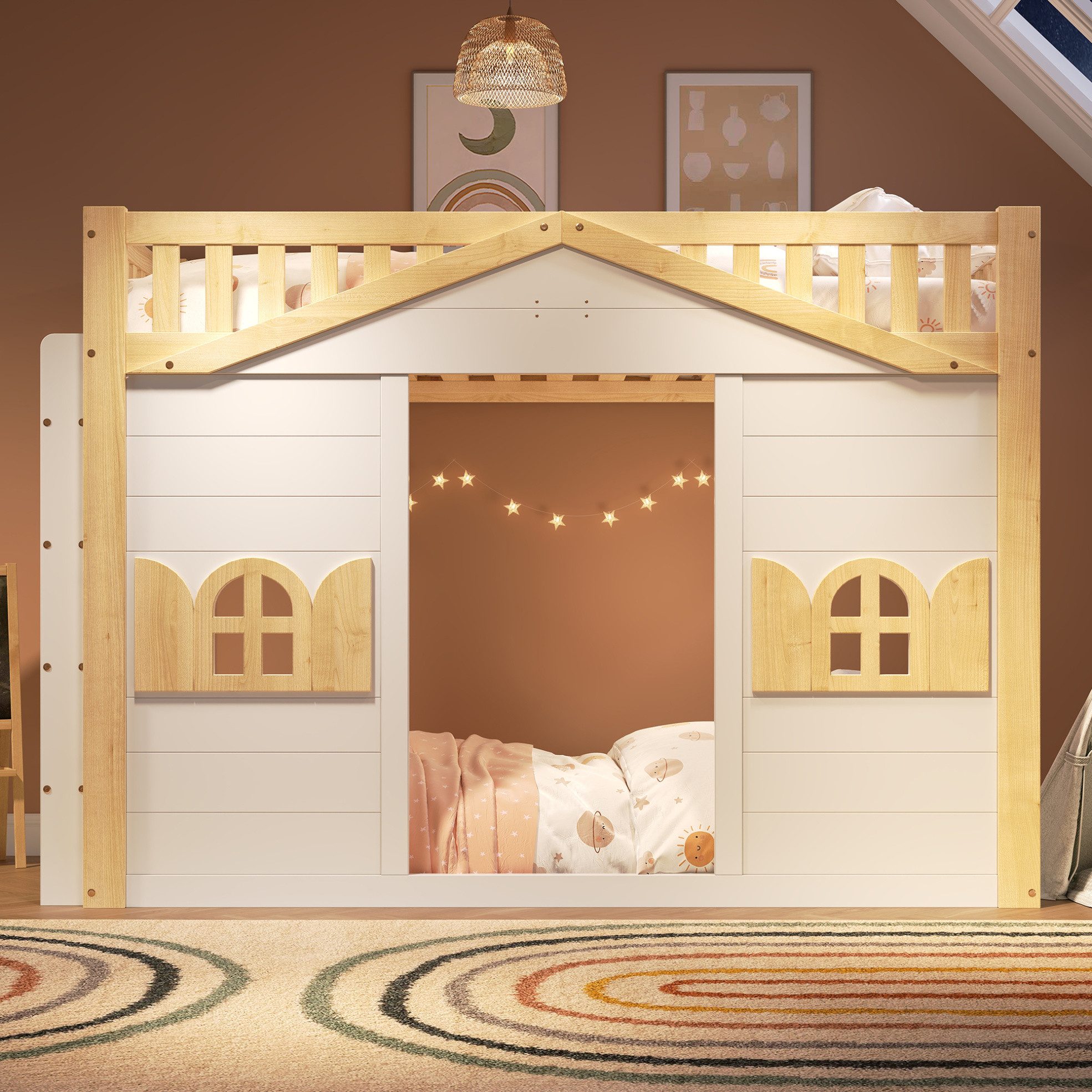 MODFU Etagenbett Platzsparendes Holz-Kinderbett mit Spielbereich & Fenster (Packung, Weiß+Natur, Holz, ohne Matratze, für Kinderzimmer), 211×150×95,5 cm, stabile Leiter, vielseitig