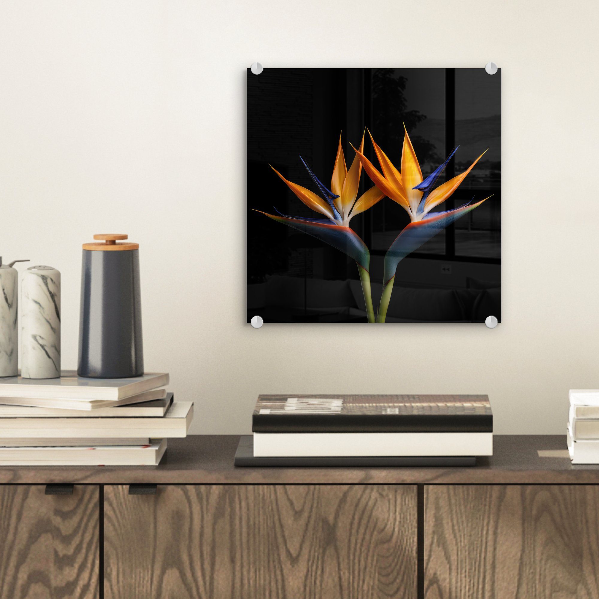 MuchoWow Acrylglasbild Pflanzen - Glasbilder Glas Bilder Blumen St), - - - auf - Wanddekoration Schwarz, Foto - Glas Porträt Wandbild Paradiesvogelblume (1 auf 