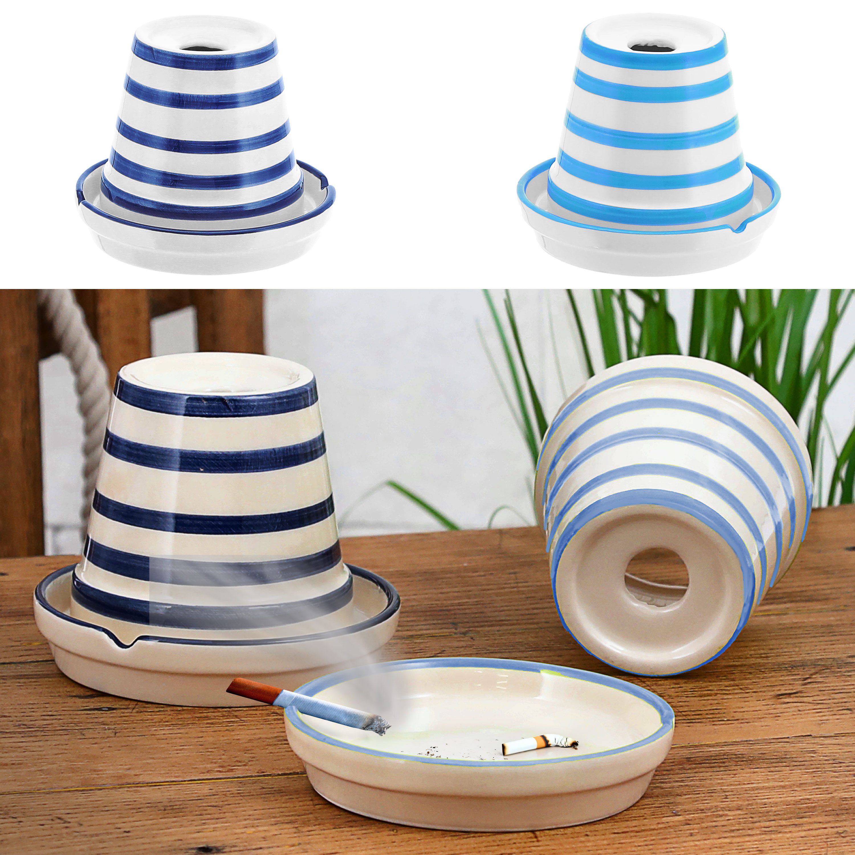 CEPEWA Aschenbecher Sturmaschenbecher Maritim 2er Set blau weiß gestreift Ø12cm Dolomit