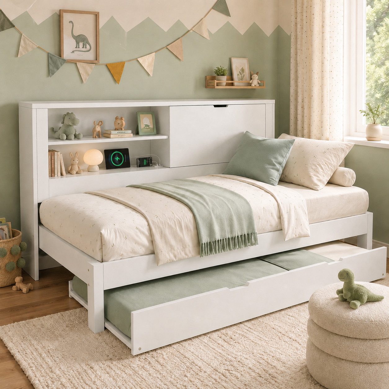 Flieks Kinderbett, Daybett 90×200cm mit Ausziehbett 90x190cm, Stauraum und Ladefunktion