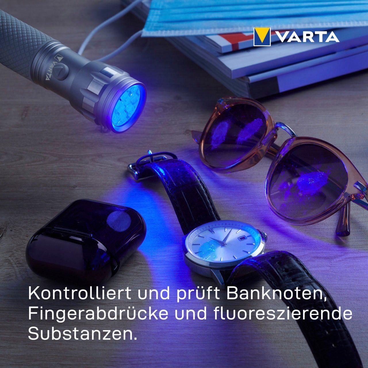 VARTA Taschenlampe UV Licht Leuchte mit macht (Set), Hygienehilfe sichtbar Unsichtbares Schwarzlicht