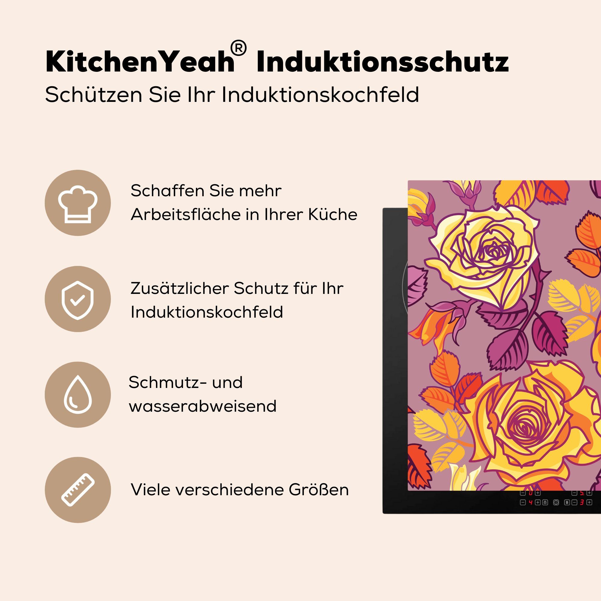 Gelb MuchoWow Ceranfeldabdeckung, küche für Arbeitsplatte Muster, Rosen tlg), Vinyl, cm, (1 78x78 - - Herdblende-/Abdeckplatte