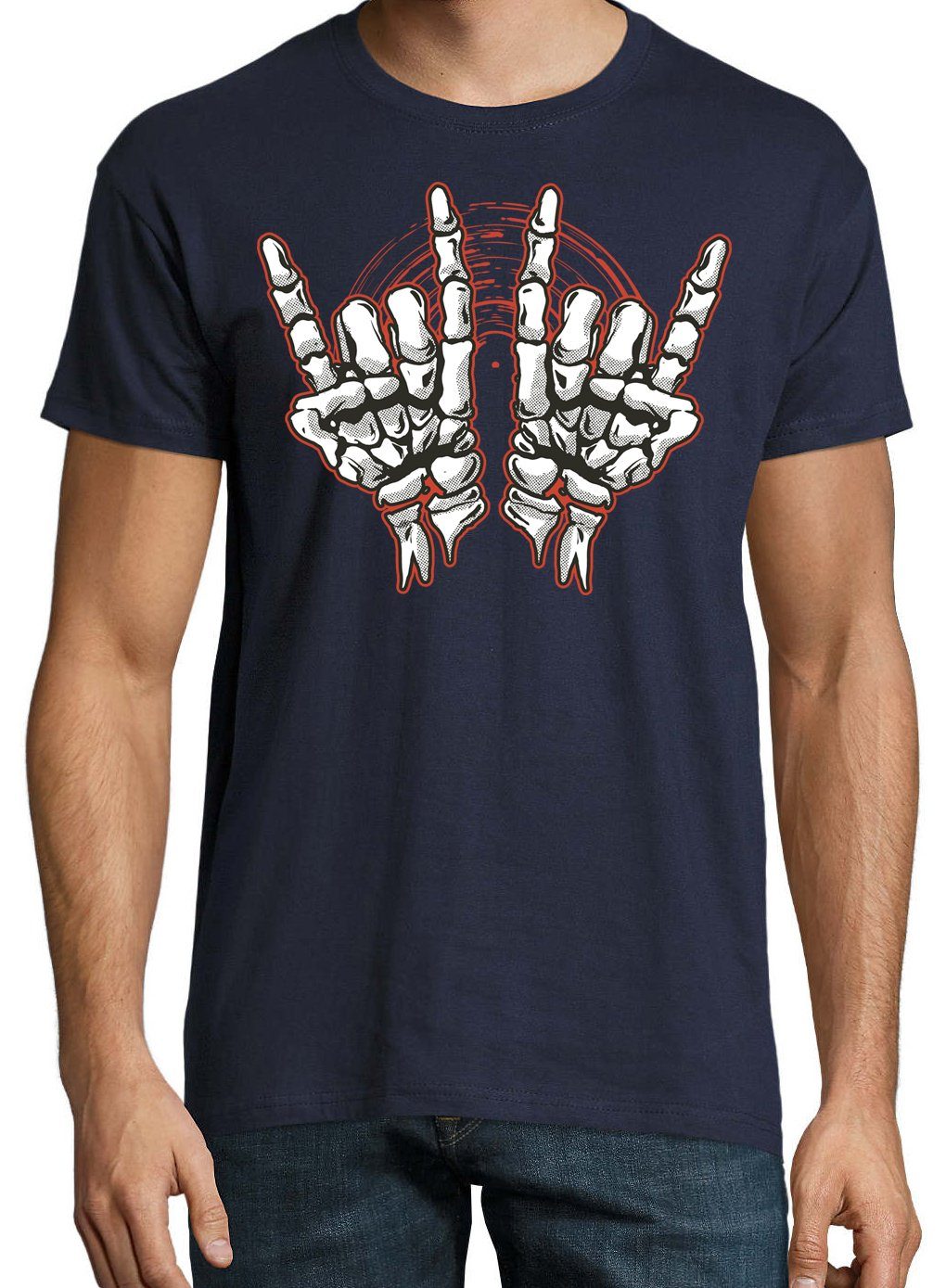Horror Youth Designz Rock'n'Roll Trendigem im Navy mit Fun-Look T-Shirt Frontdruck Herren Hand T-Shirt Skelett
