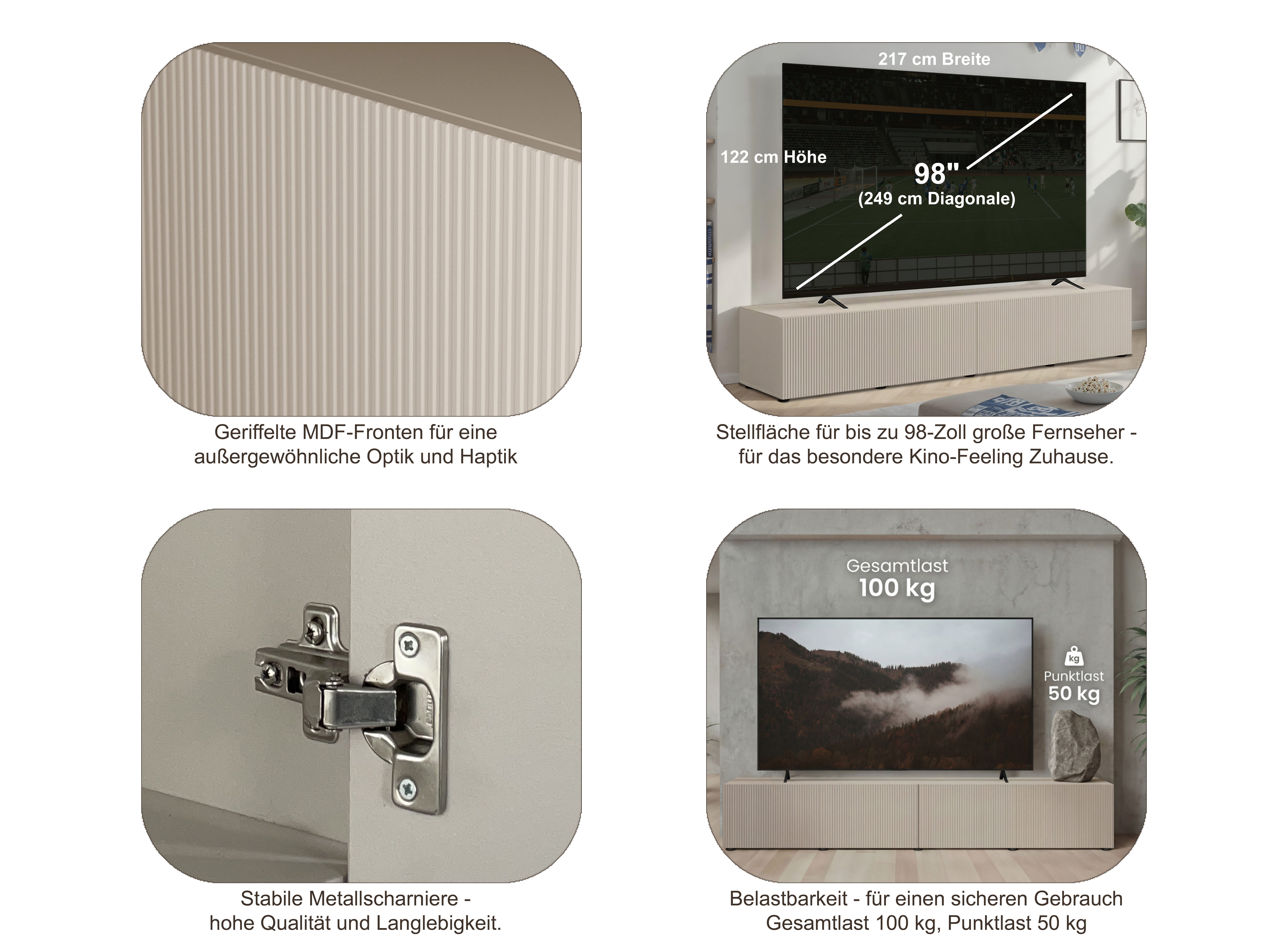 OTTO home Lowboard Rio, 245 cm breit, 47 cm tief, 4 Türen mit geriffelten MDF Fronten, Modernes Lowboard für bis zu 98-Zoll-TV – perfekt für die WM